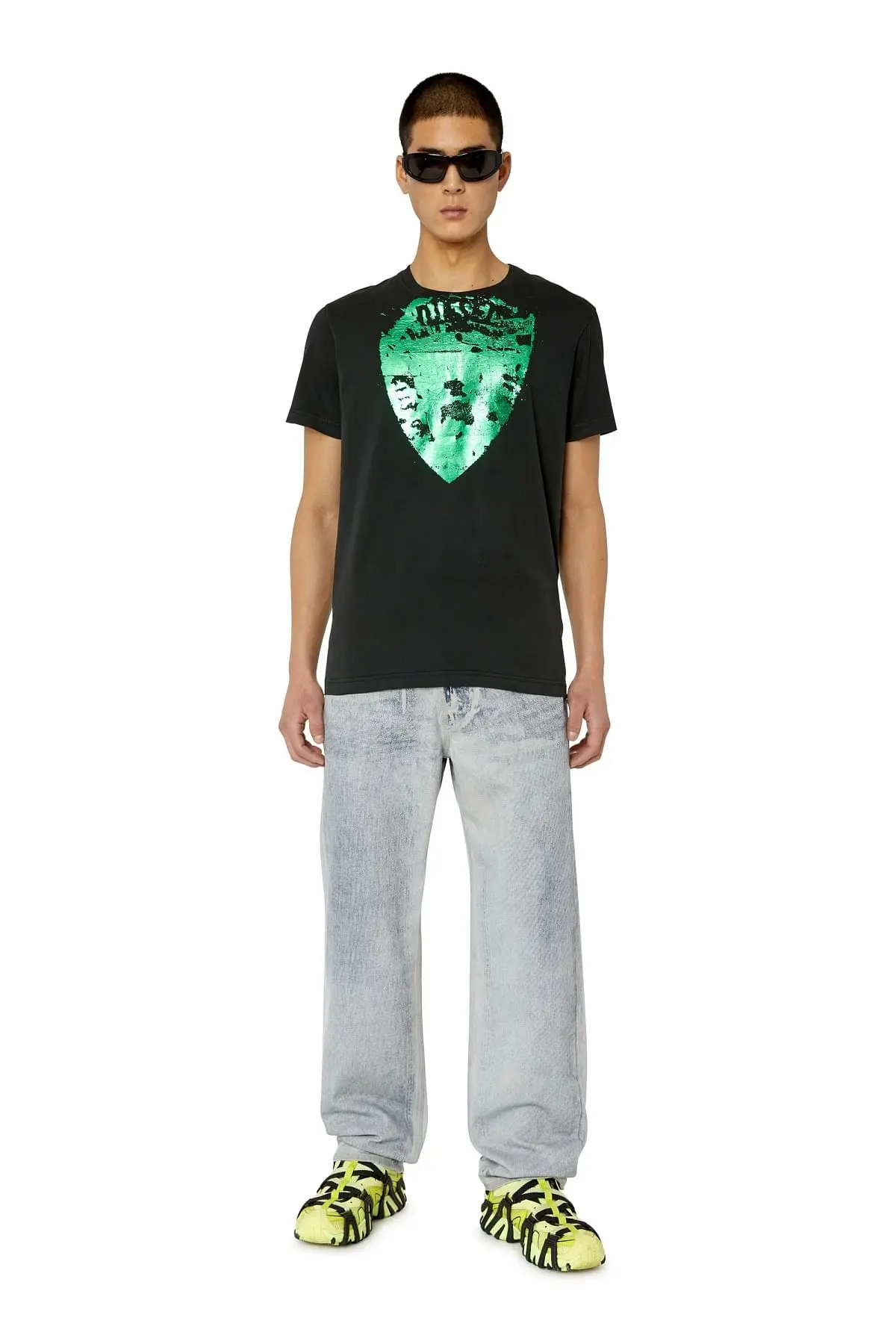 Black T-shirt with metallic shield print