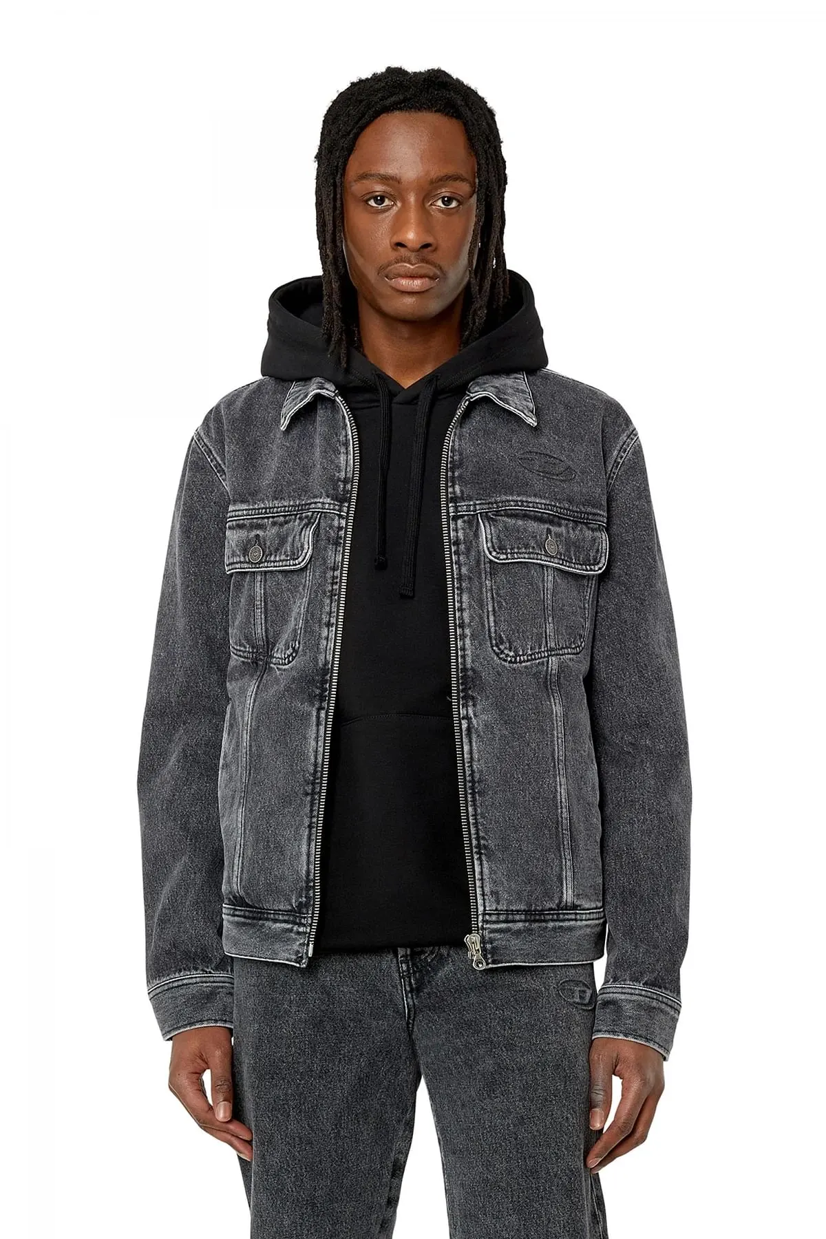 Black Regular-fit logo-embossed trucker jacket