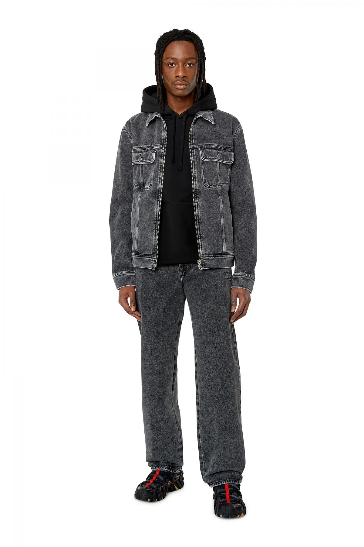 Black Regular-fit logo-embossed trucker jacket