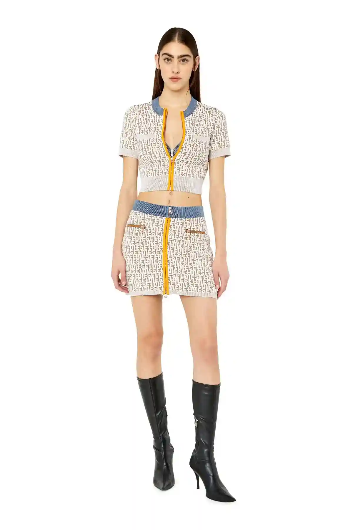 Brown and White Short skirt with bouclé-knit monogram