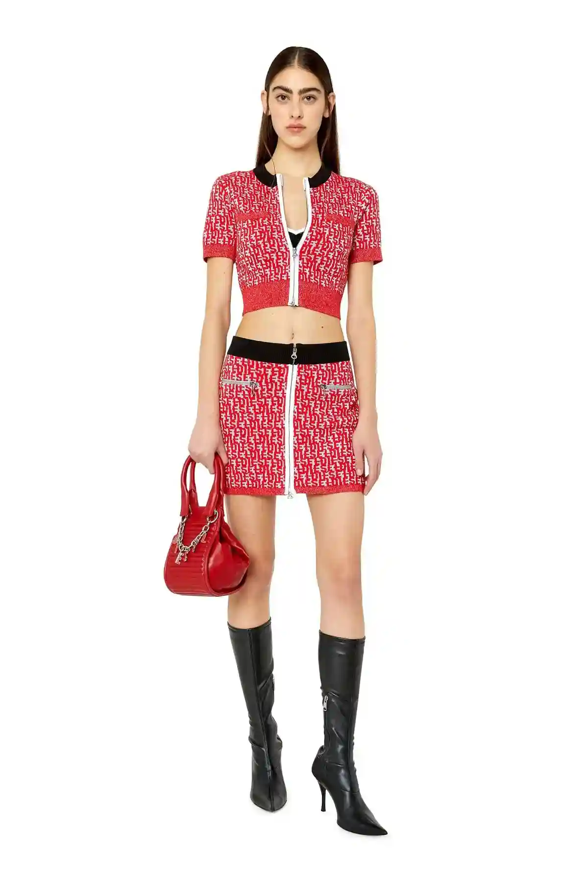 Red and Grey Short skirt with bouclé-knit monogram