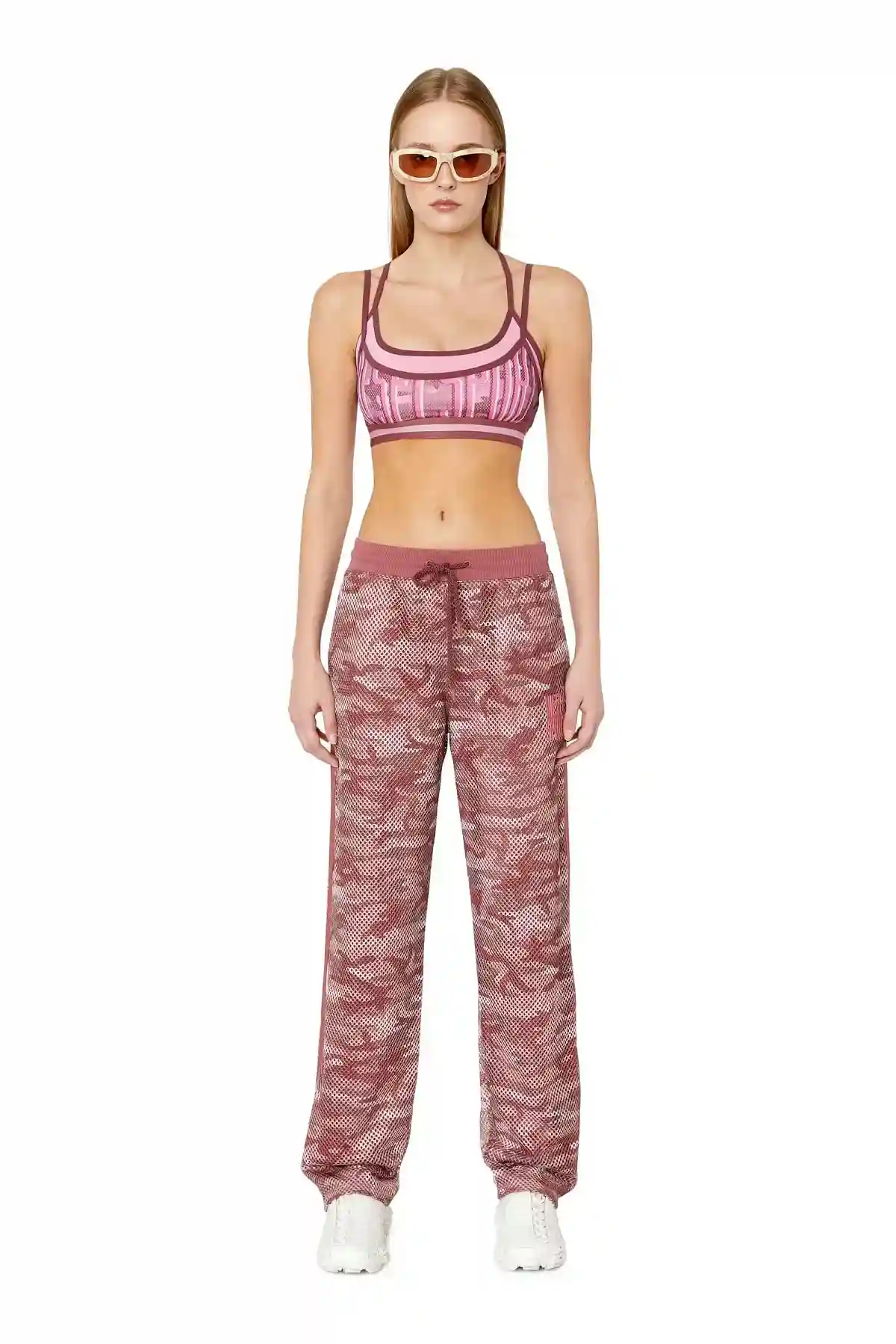 Pink Mesh track pants with camo print