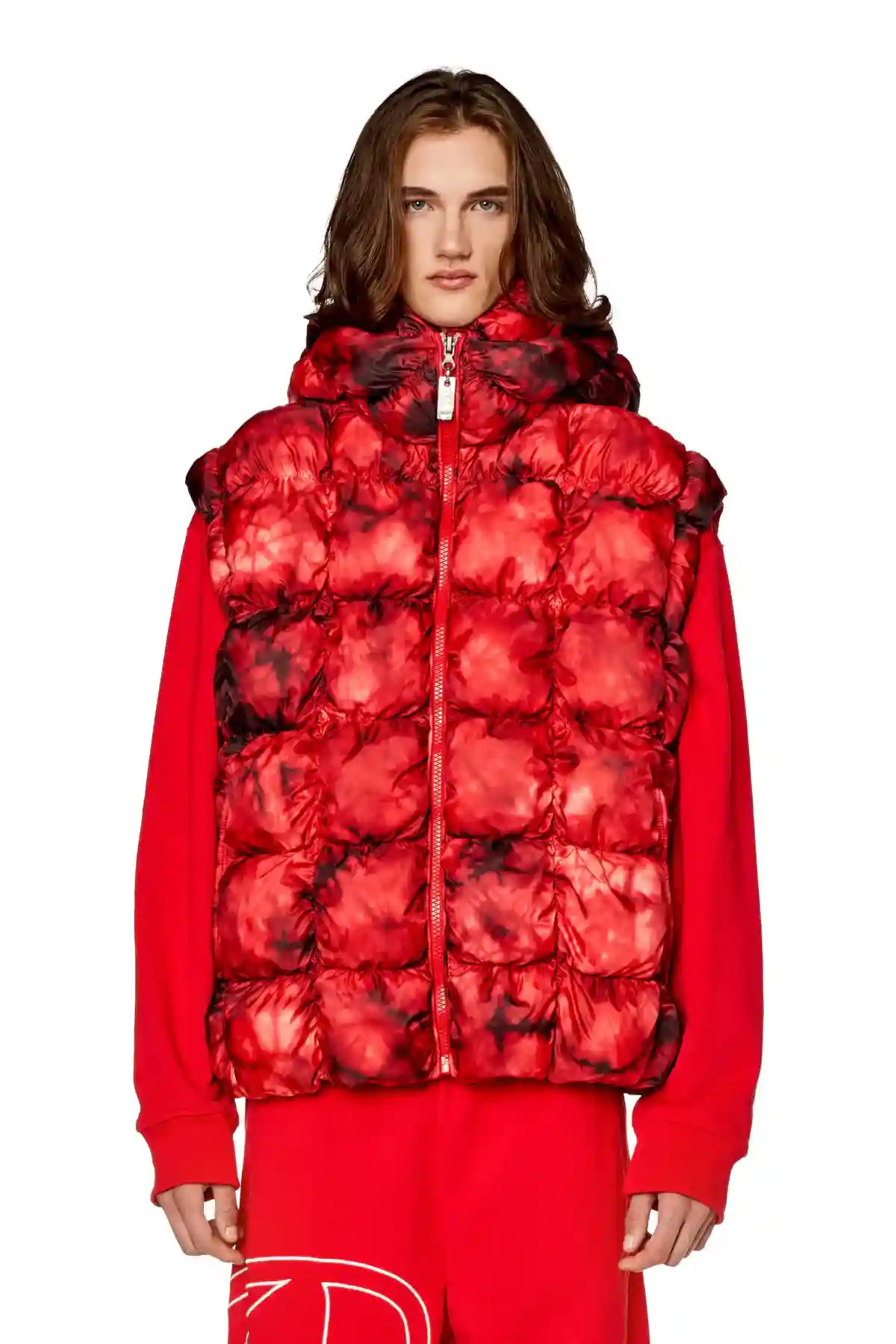 Red Padded vest jacket with hood