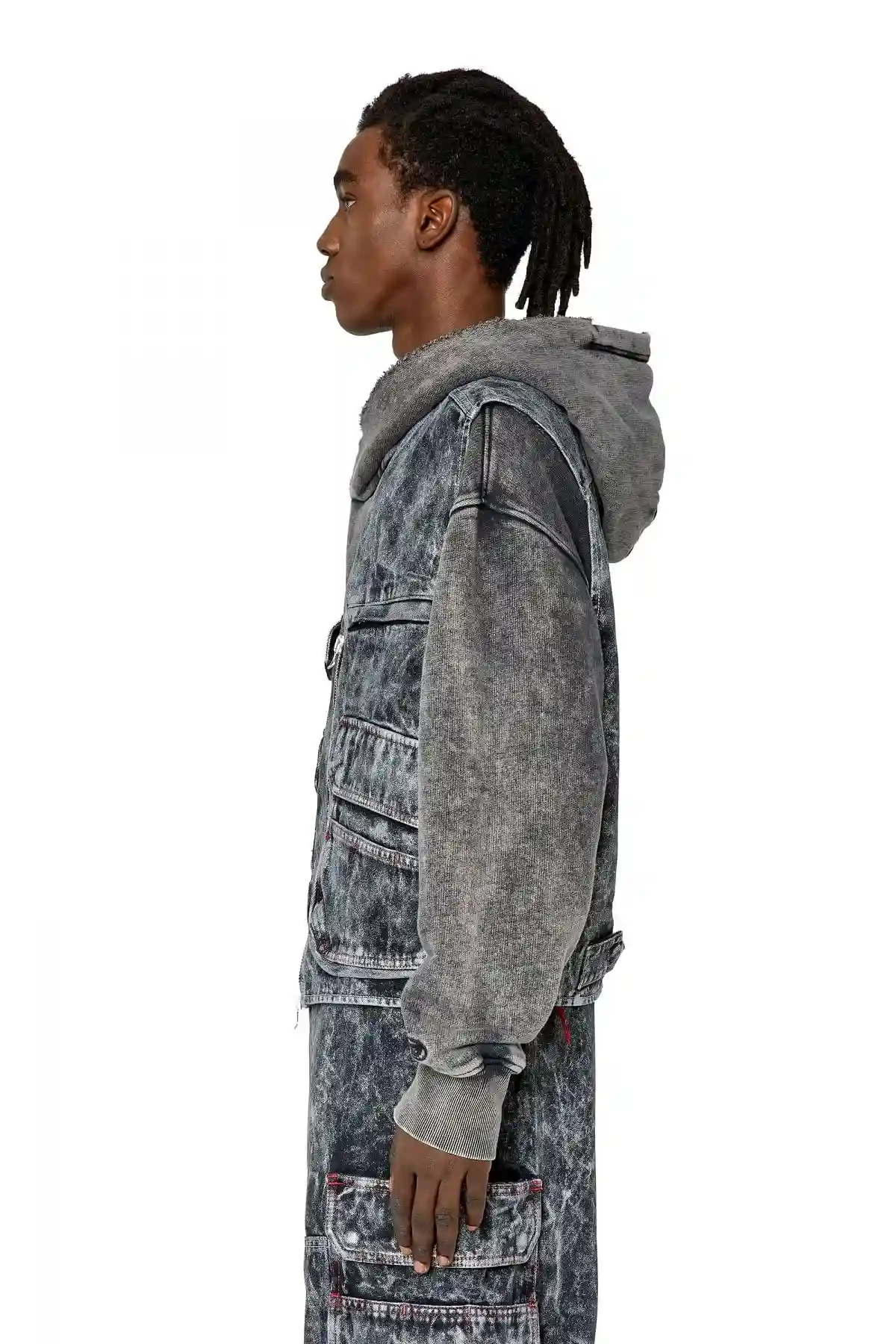 Black Utility vest in marbled-effect denim