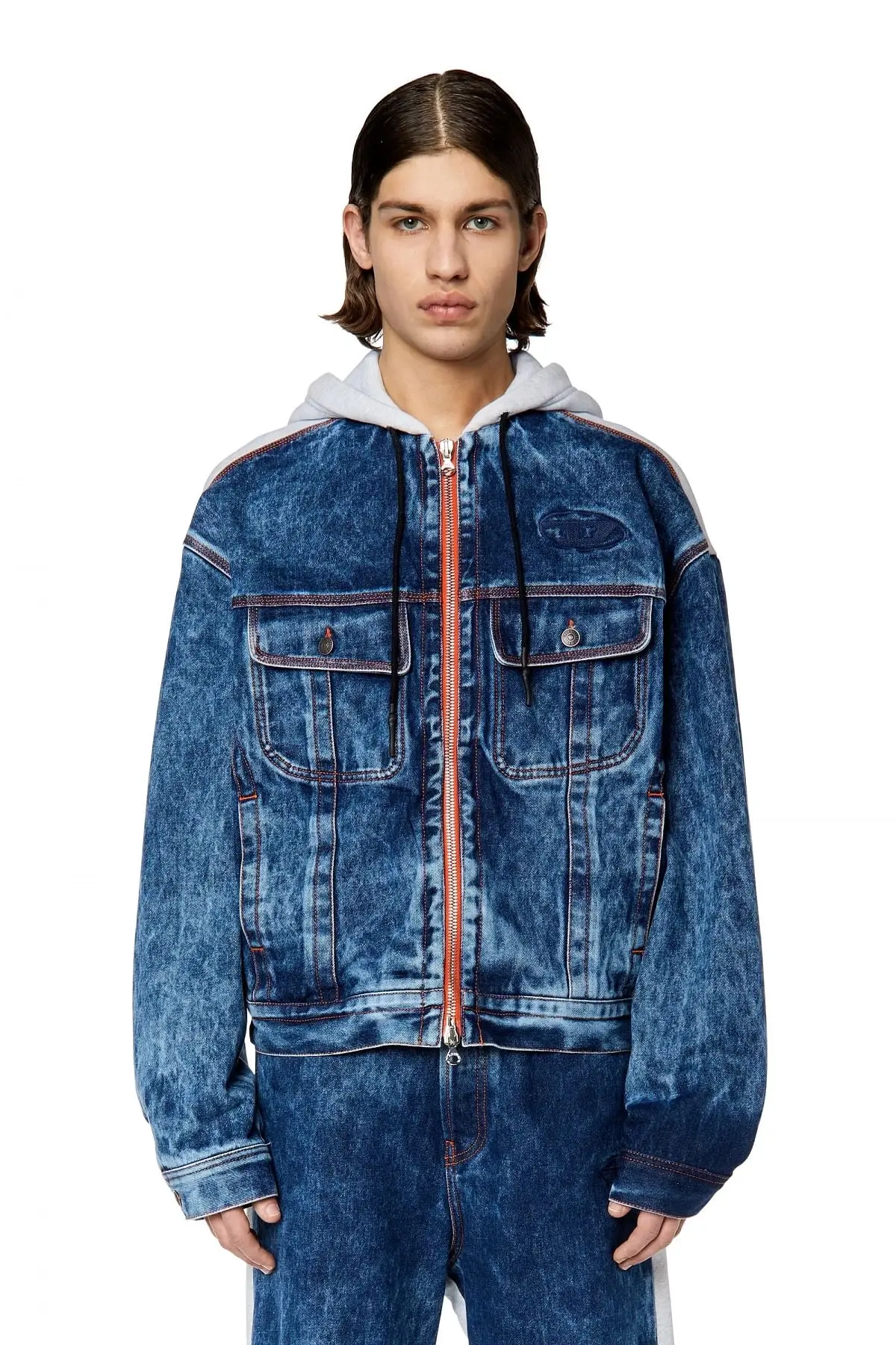 Blue Jacket-hoodie in denim and jersey