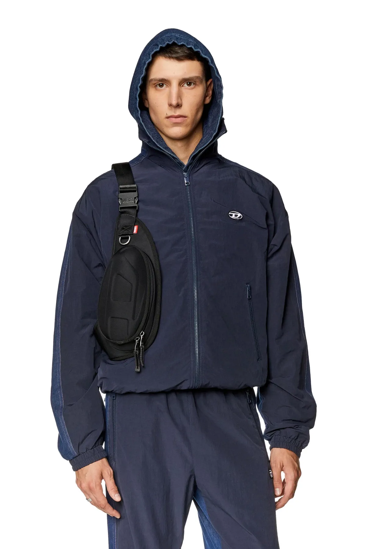 Blue Track jacket in wrinkled nylon and denim