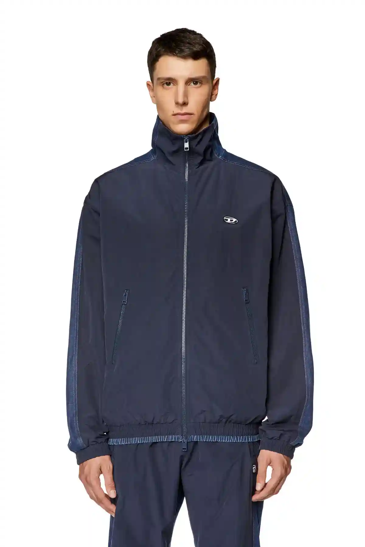 Blue Track jacket in wrinkled nylon and denim