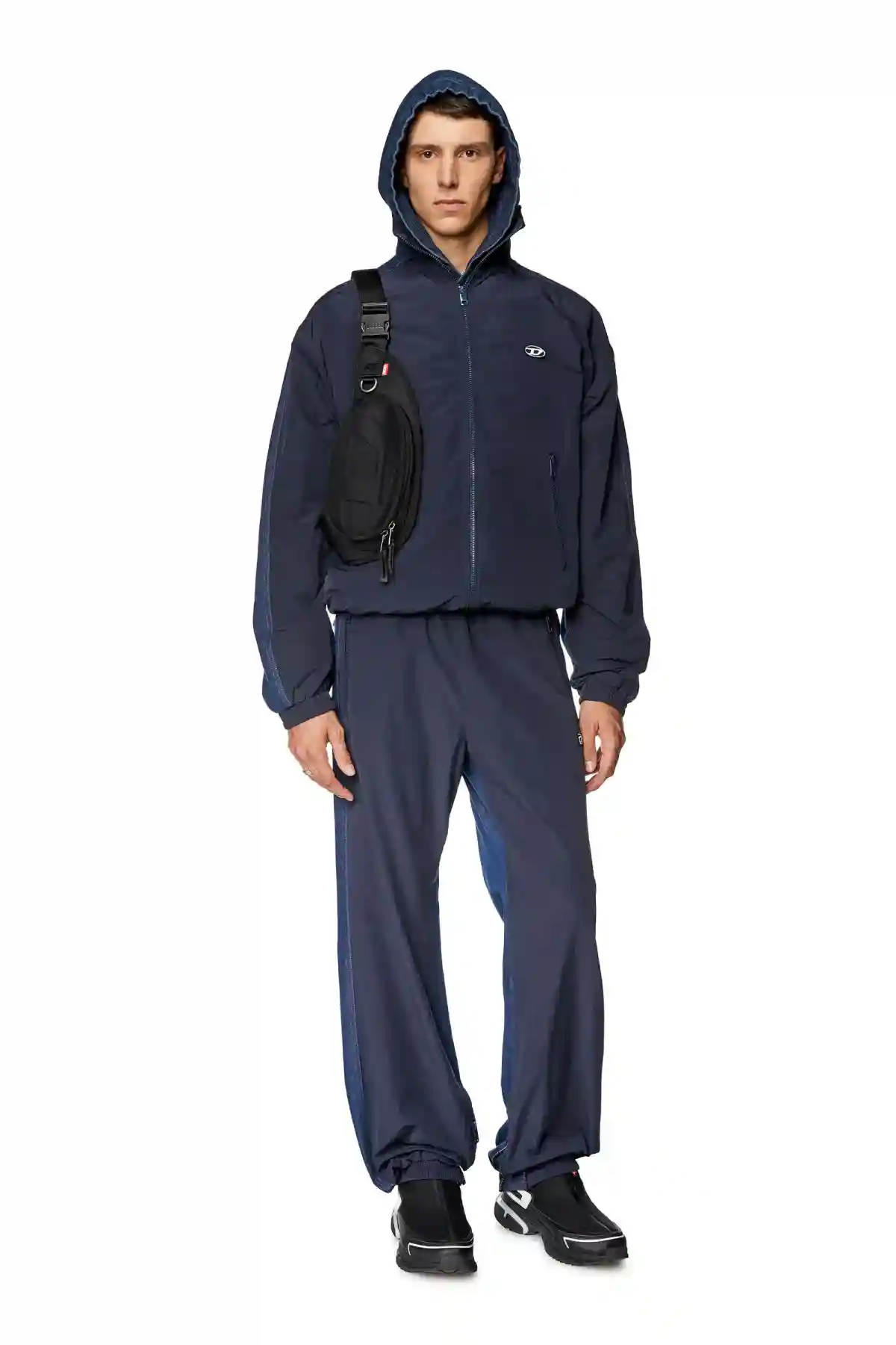 Blue Track jacket in wrinkled nylon and denim