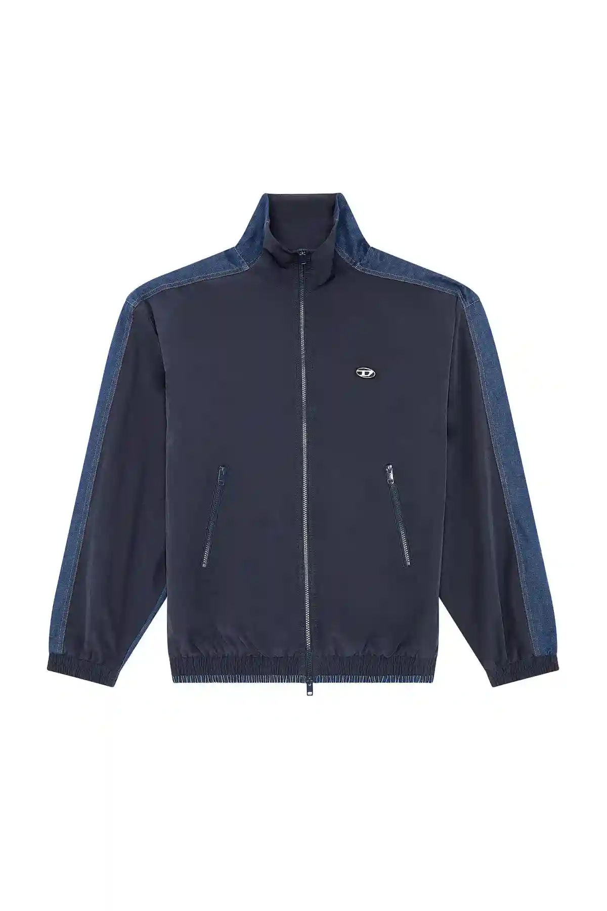 Blue Track jacket in wrinkled nylon and denim