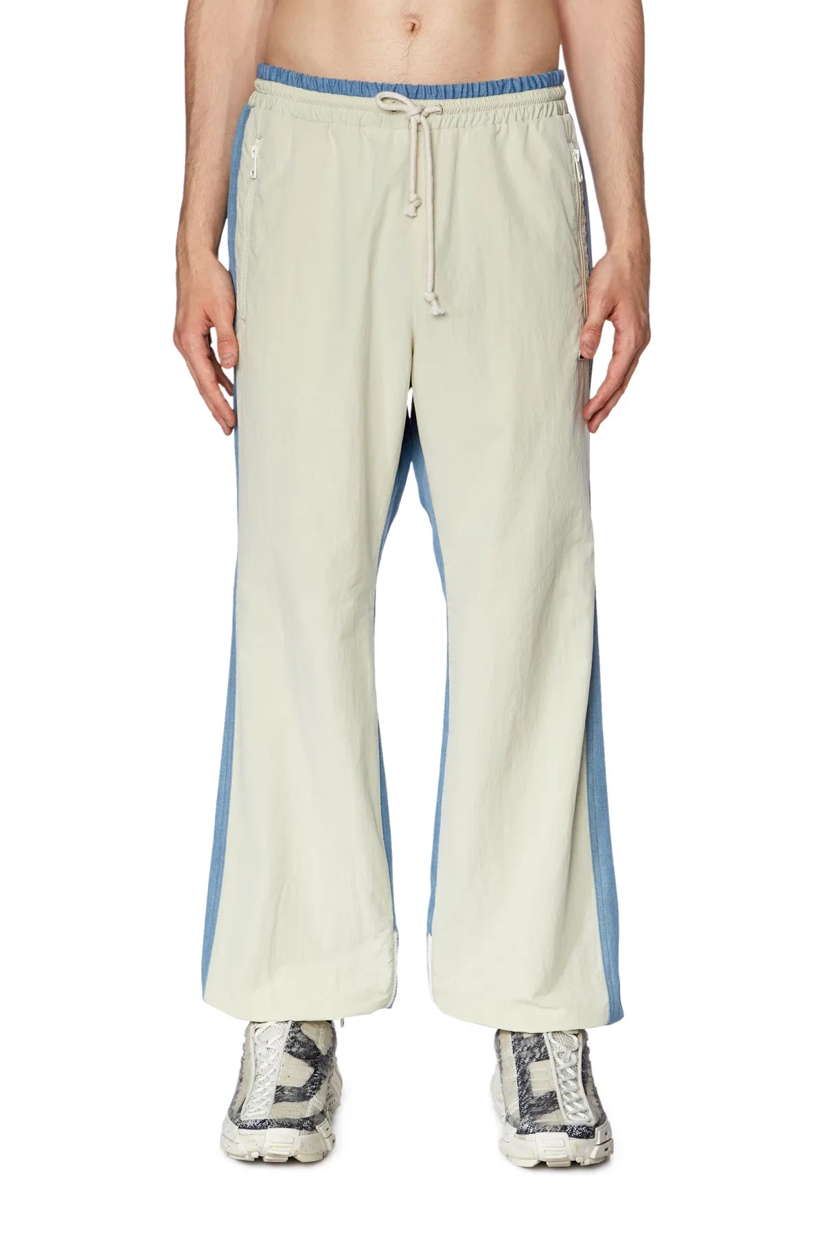 Multicolor Track pants in wrinkled nylon and denim