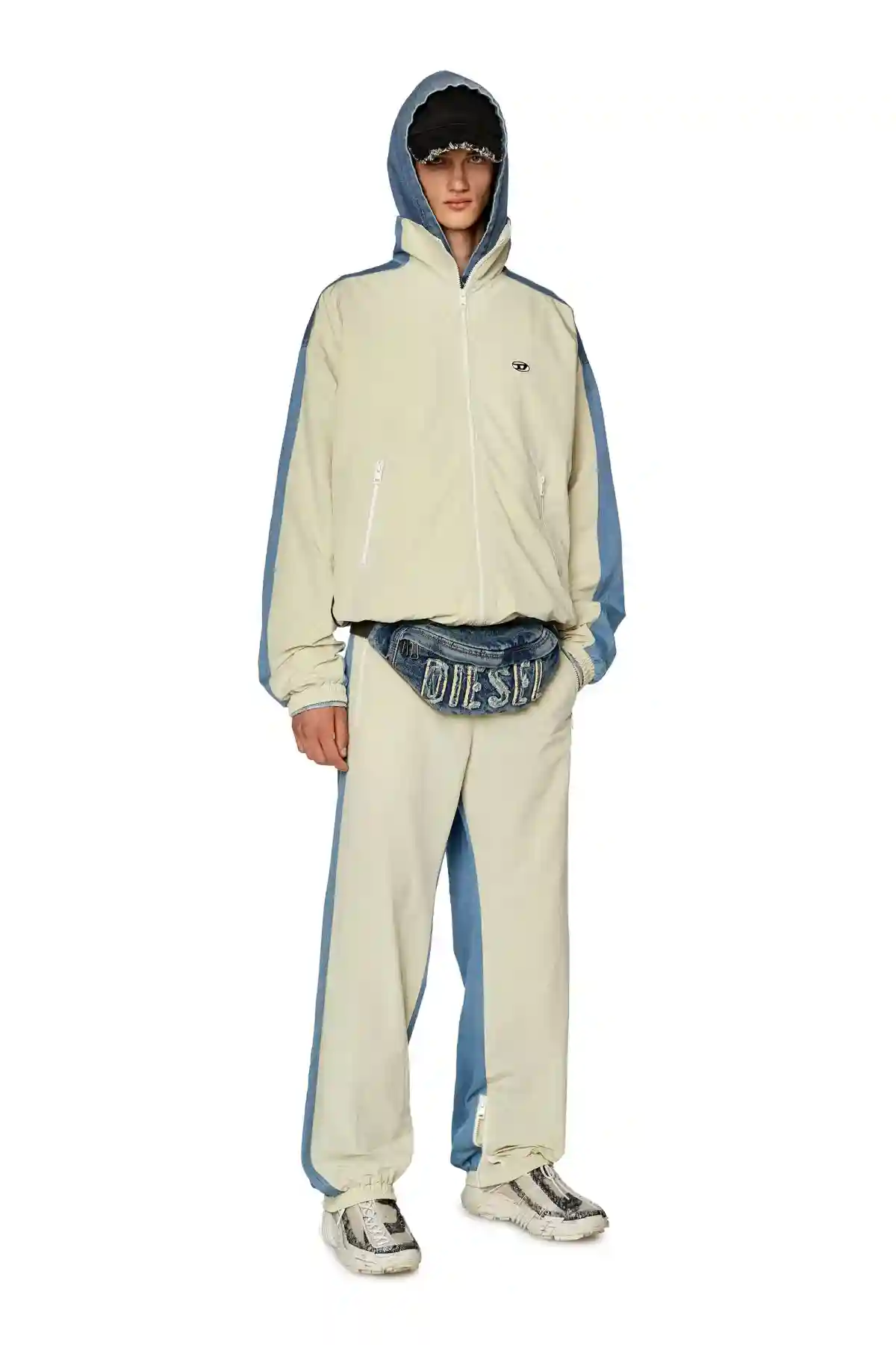 Multicolor Track pants in wrinkled nylon and denim