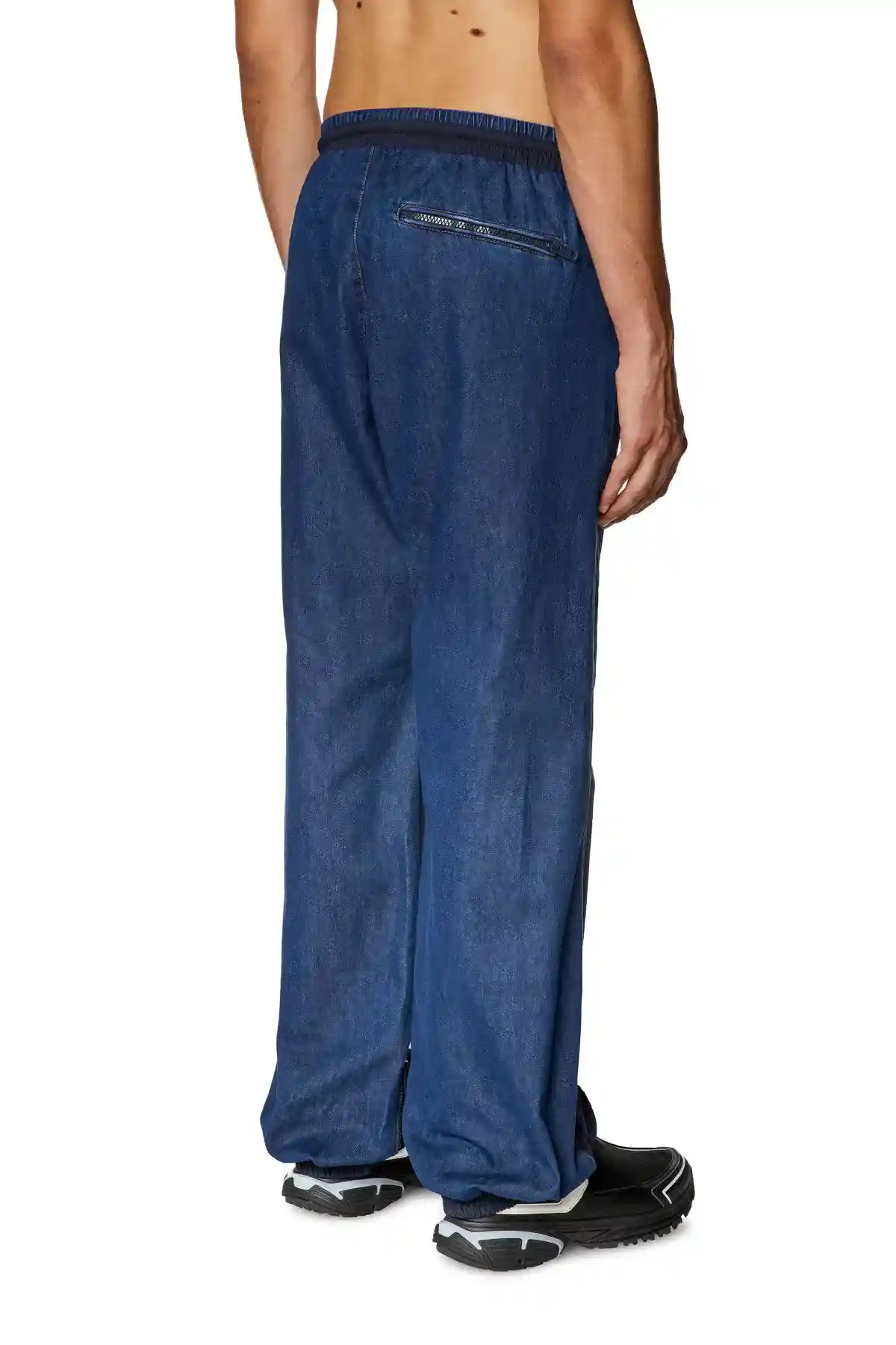 Blue Track pants in wrinkled nylon and denim