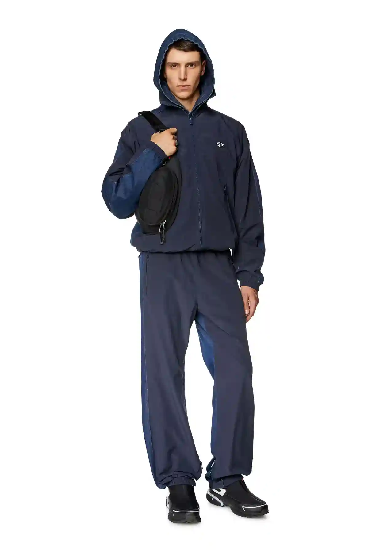 Blue Track pants in wrinkled nylon and denim