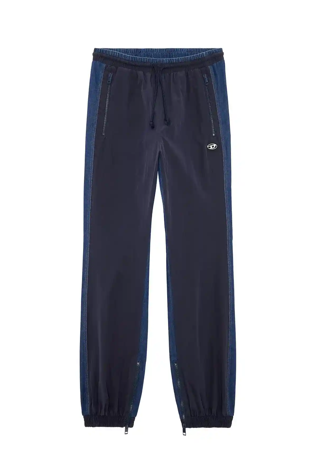Blue Track pants in wrinkled nylon and denim