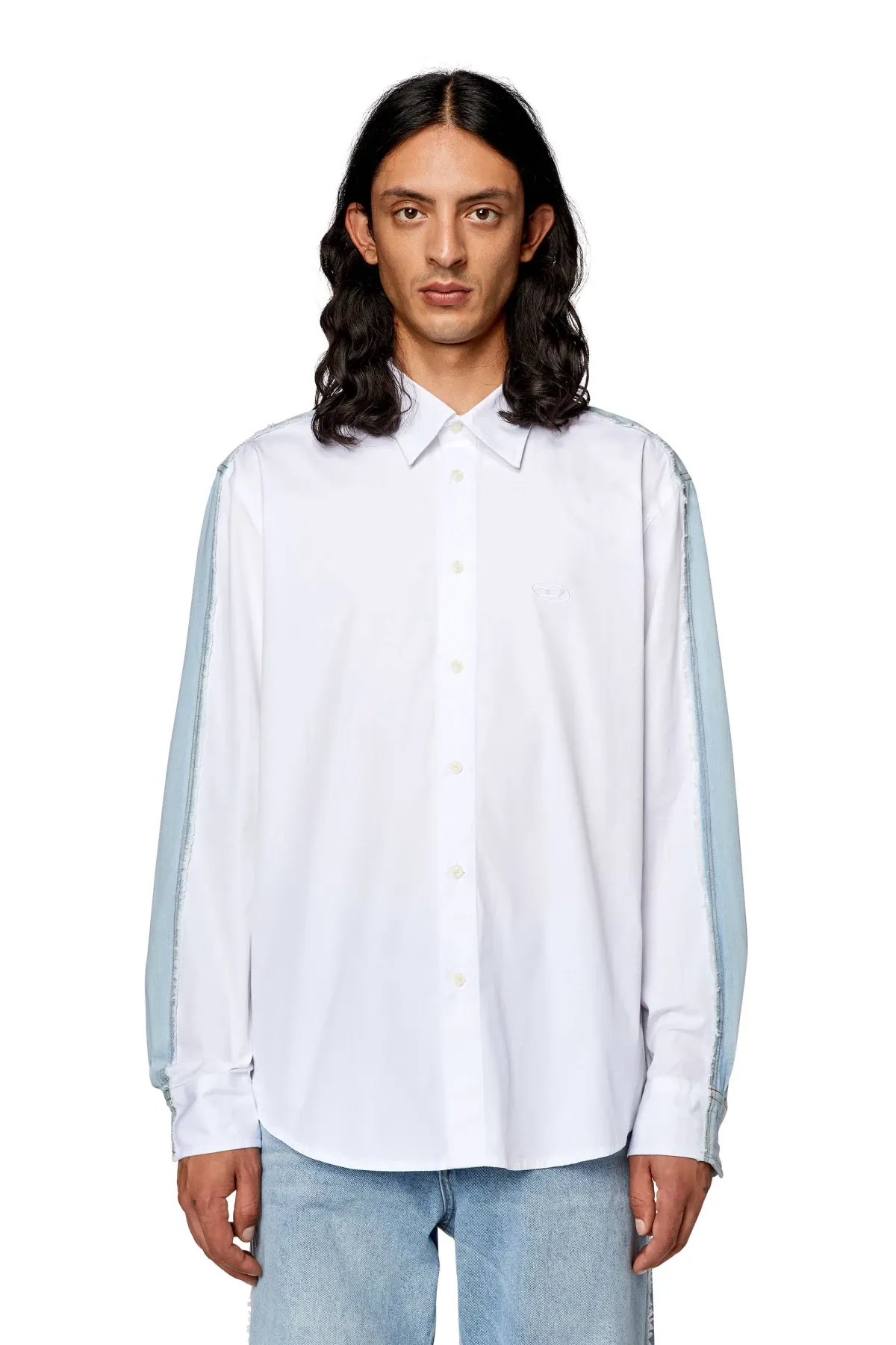 White Shirt in poplin and raw-edge denim