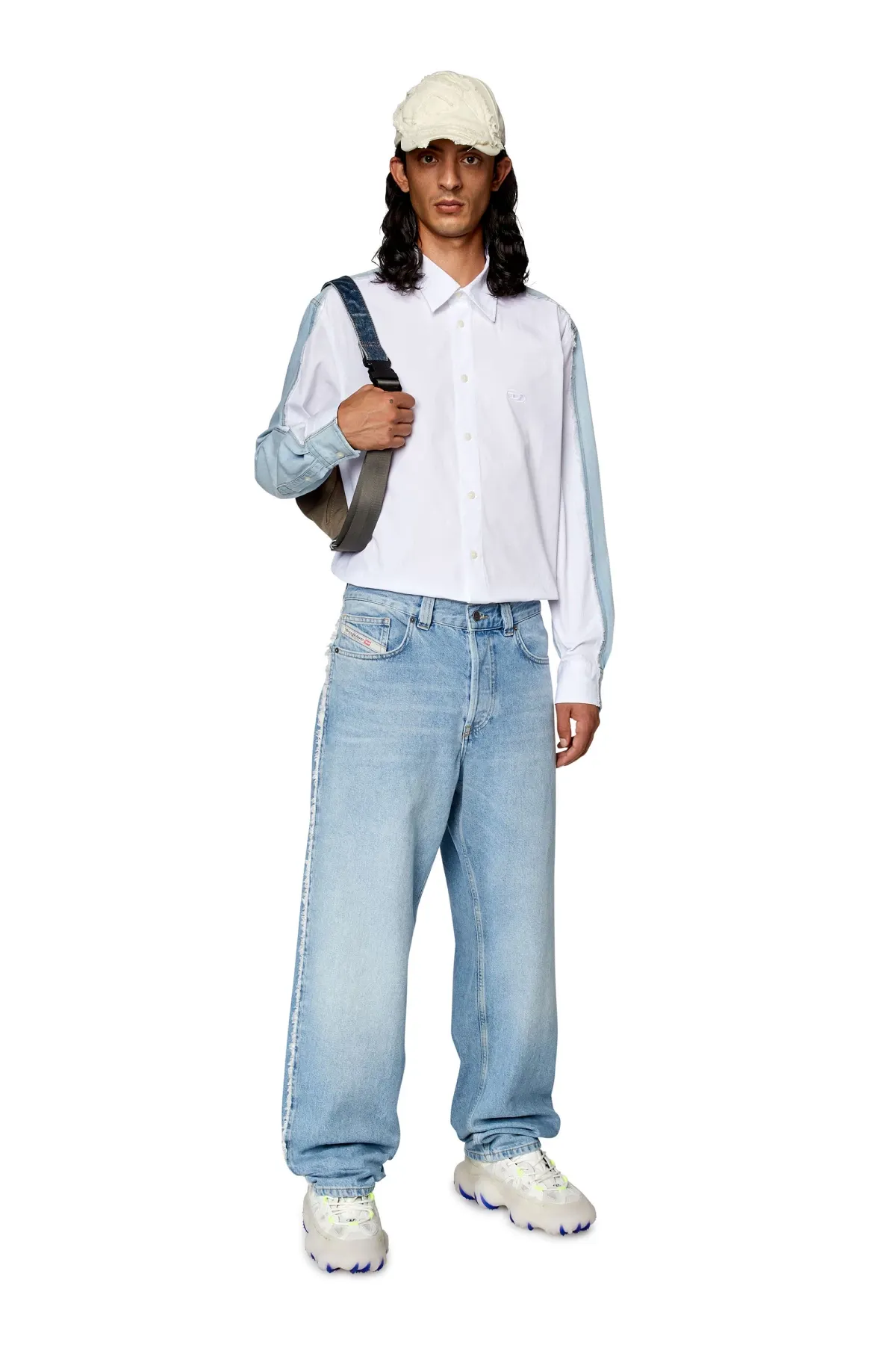 White Shirt in poplin and raw-edge denim