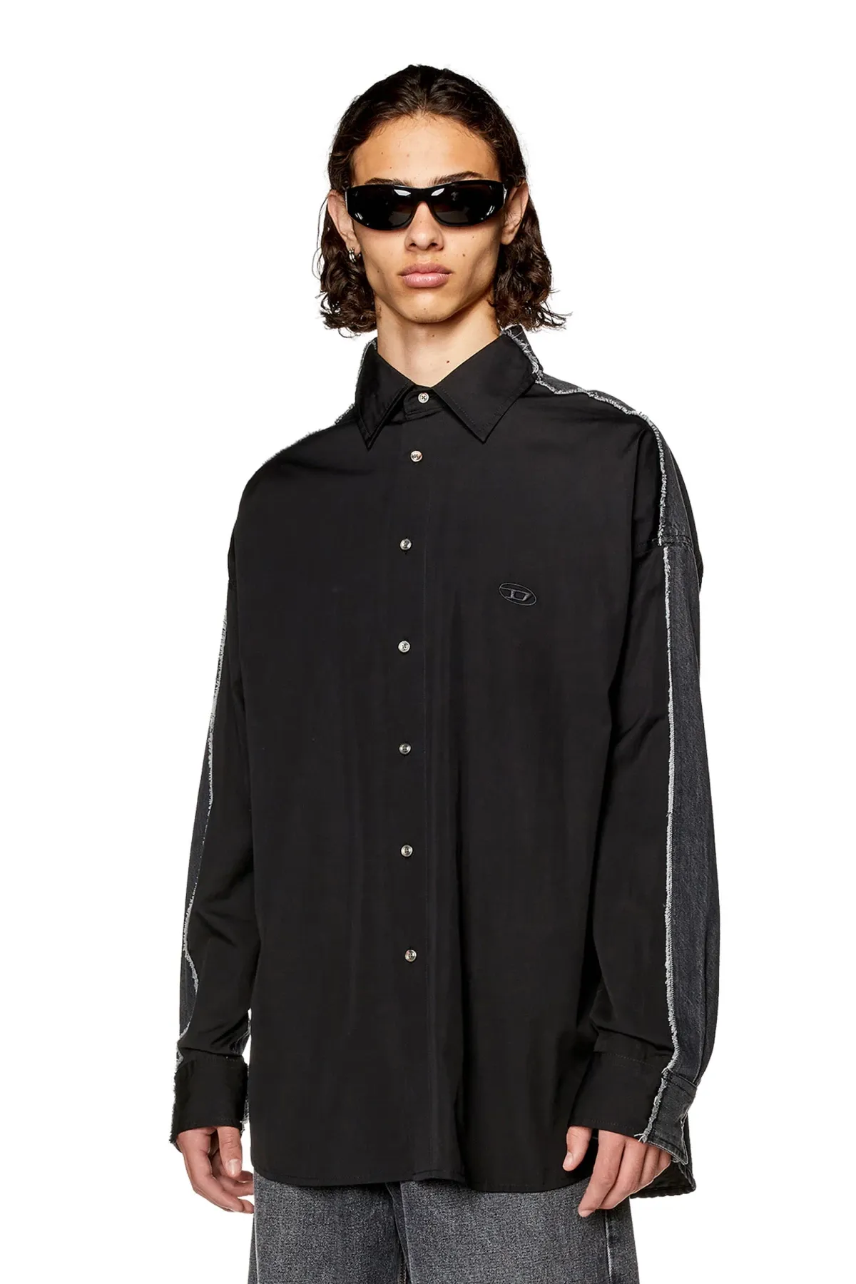 Black Shirt in poplin and raw-edge denim