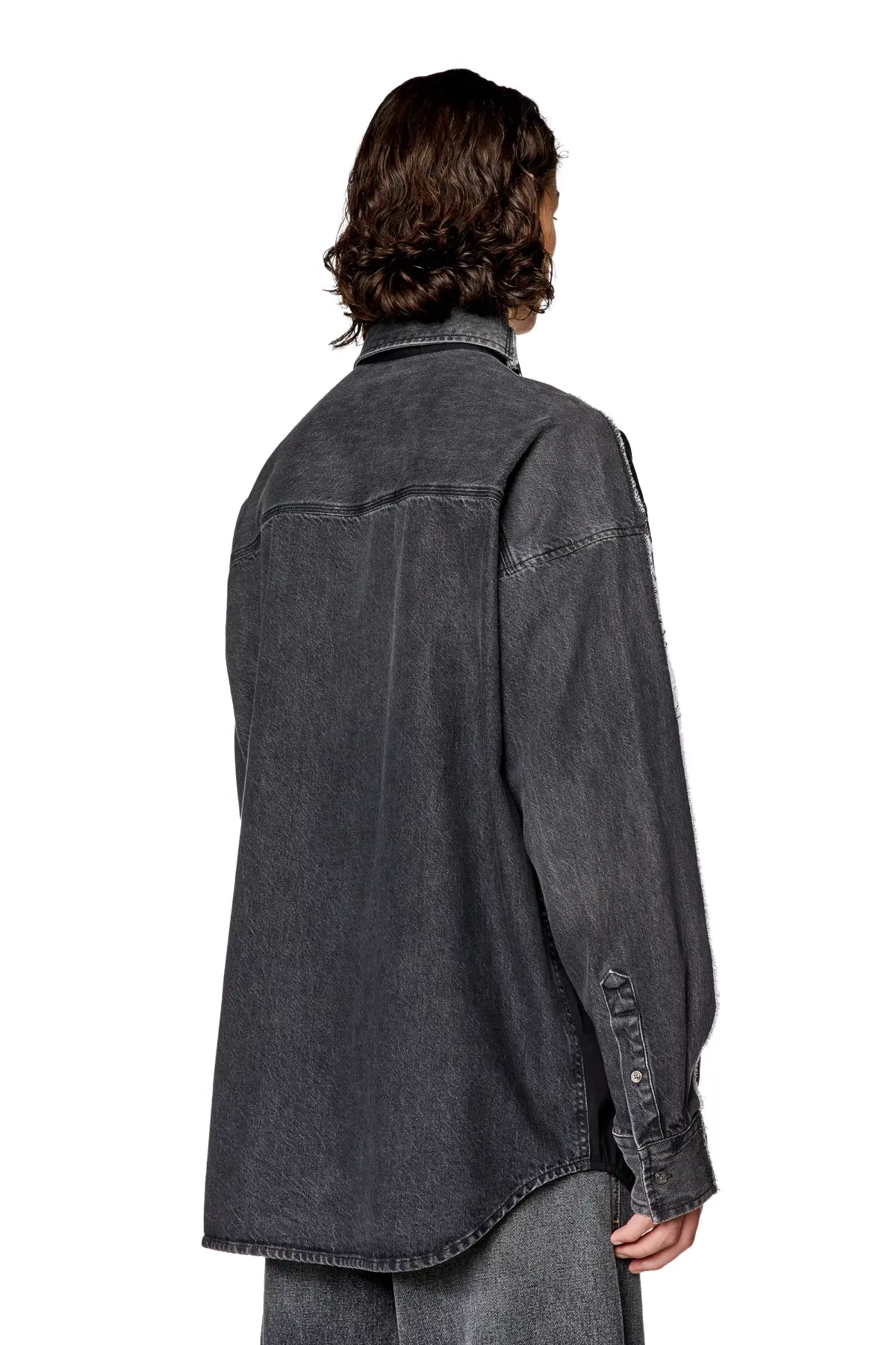 Black Shirt in poplin and raw-edge denim
