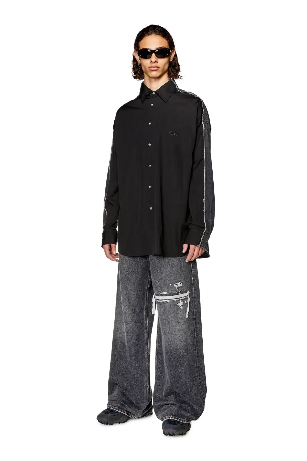 Black Shirt in poplin and raw-edge denim