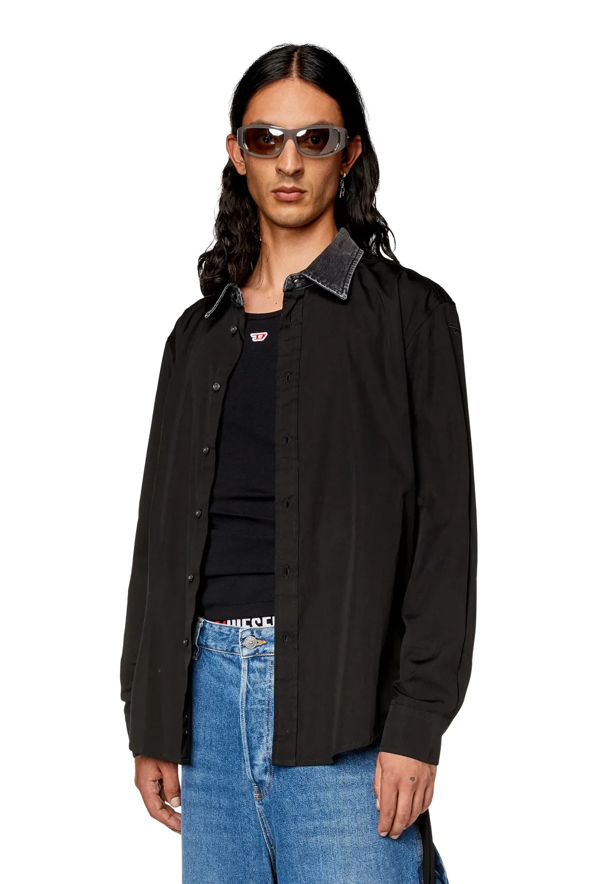 Black Cotton shirt with denim collar