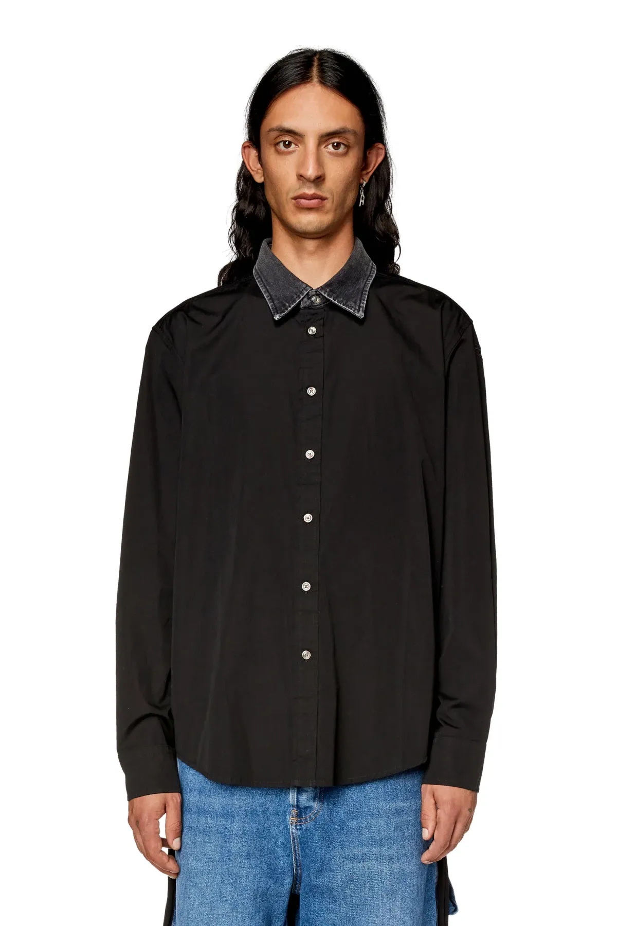 Black Cotton shirt with denim collar