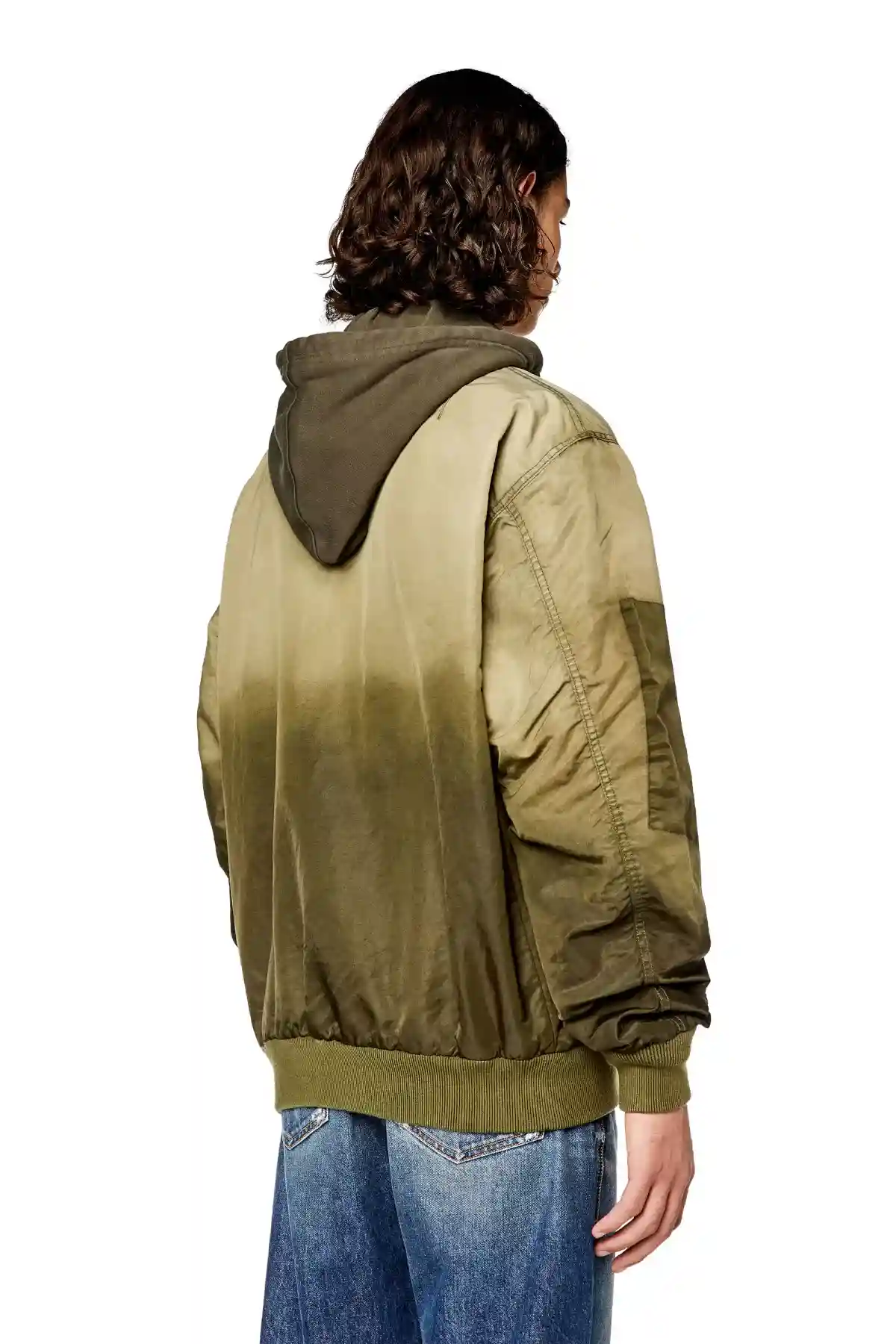 Brown Hooded bomber in treated nylon satin