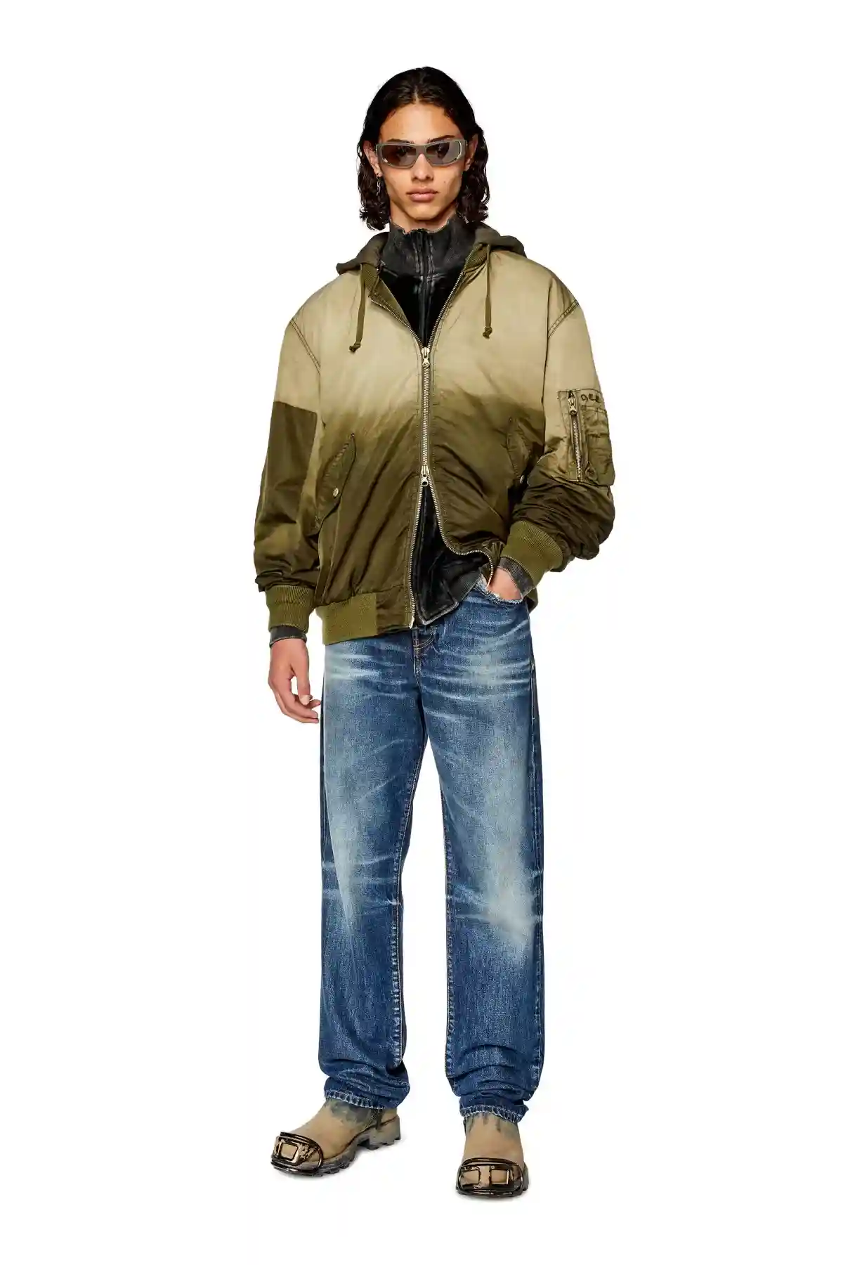 Brown Hooded bomber in treated nylon satin