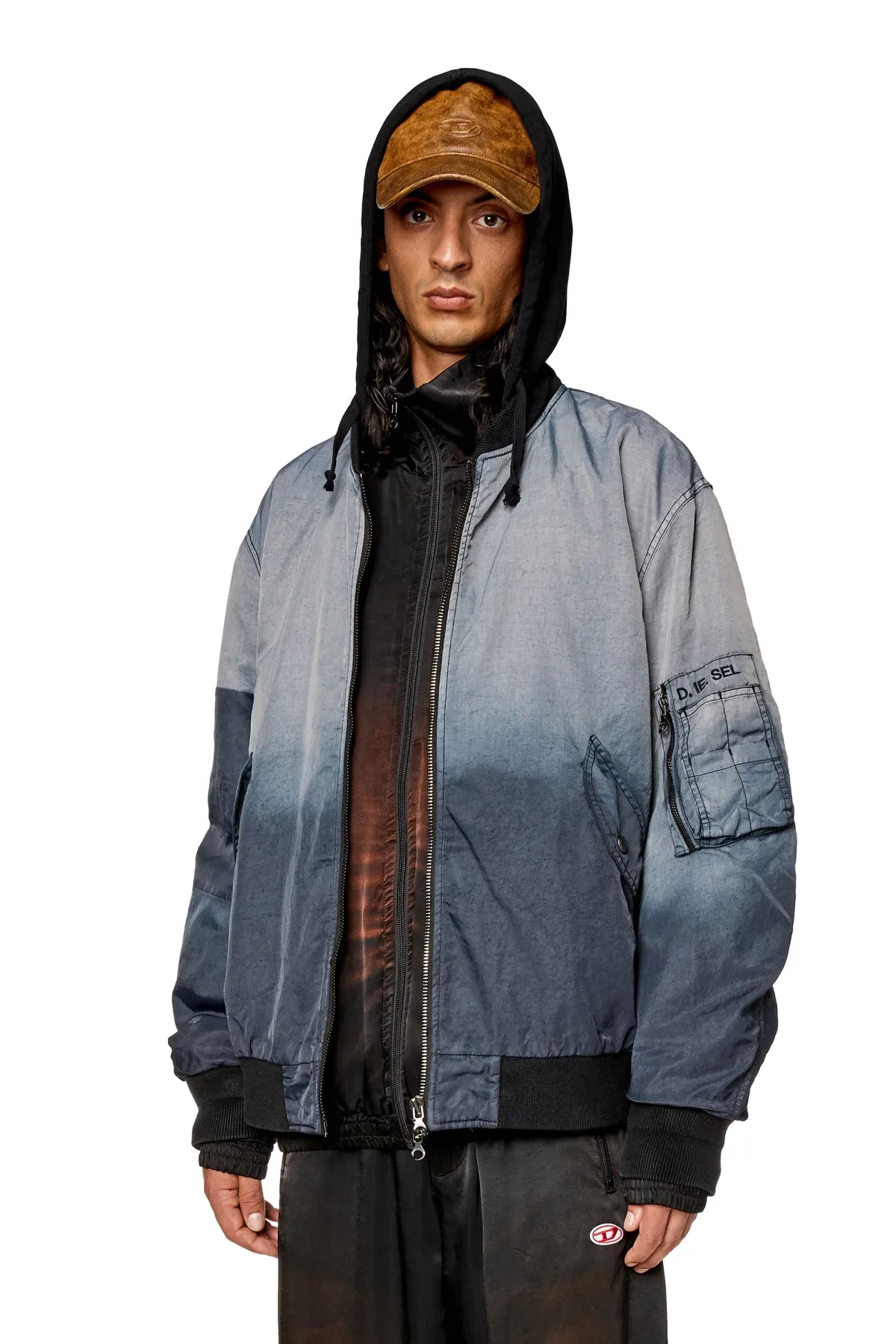 Blue Hooded bomber in treated nylon satin