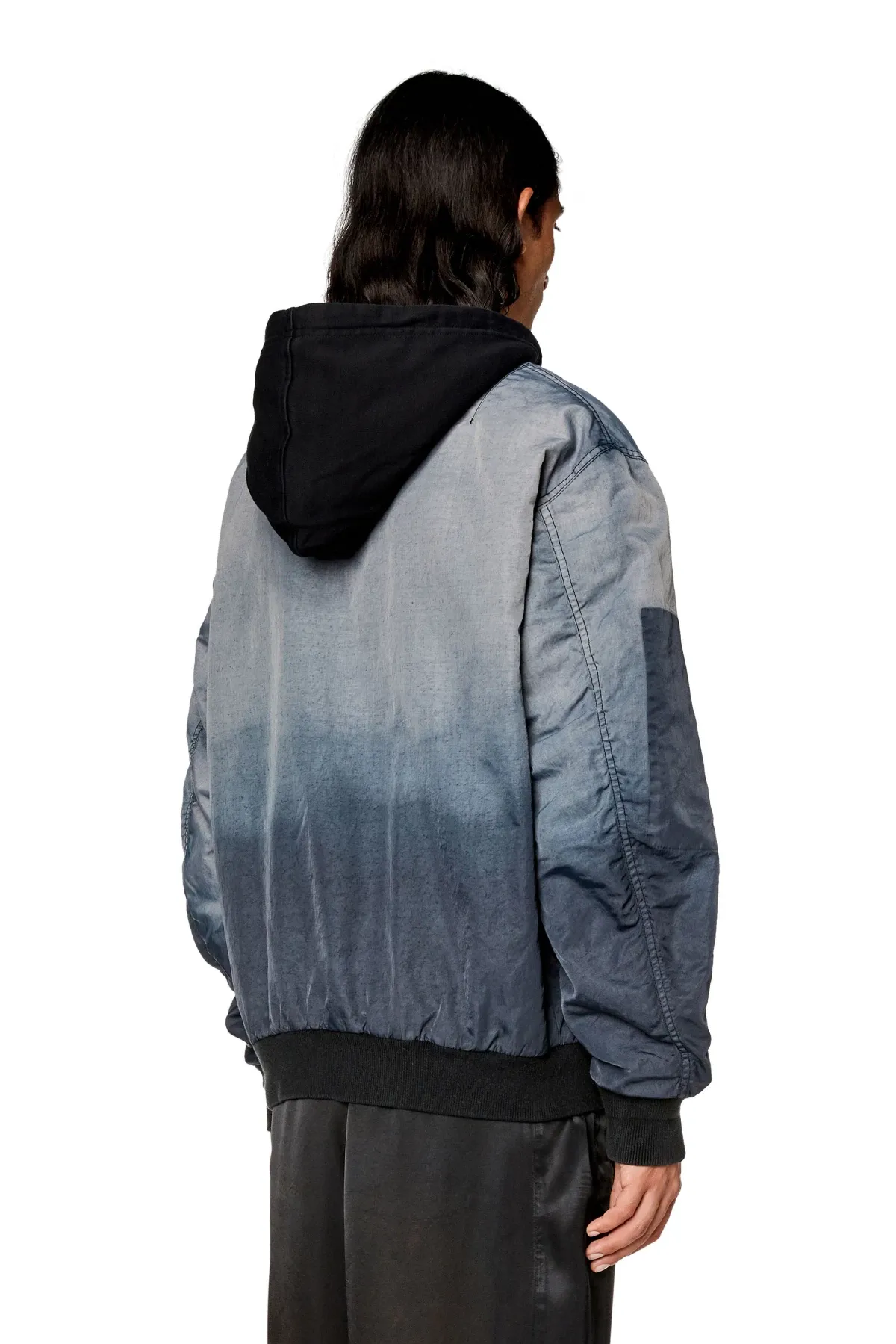 Blue Hooded bomber in treated nylon satin