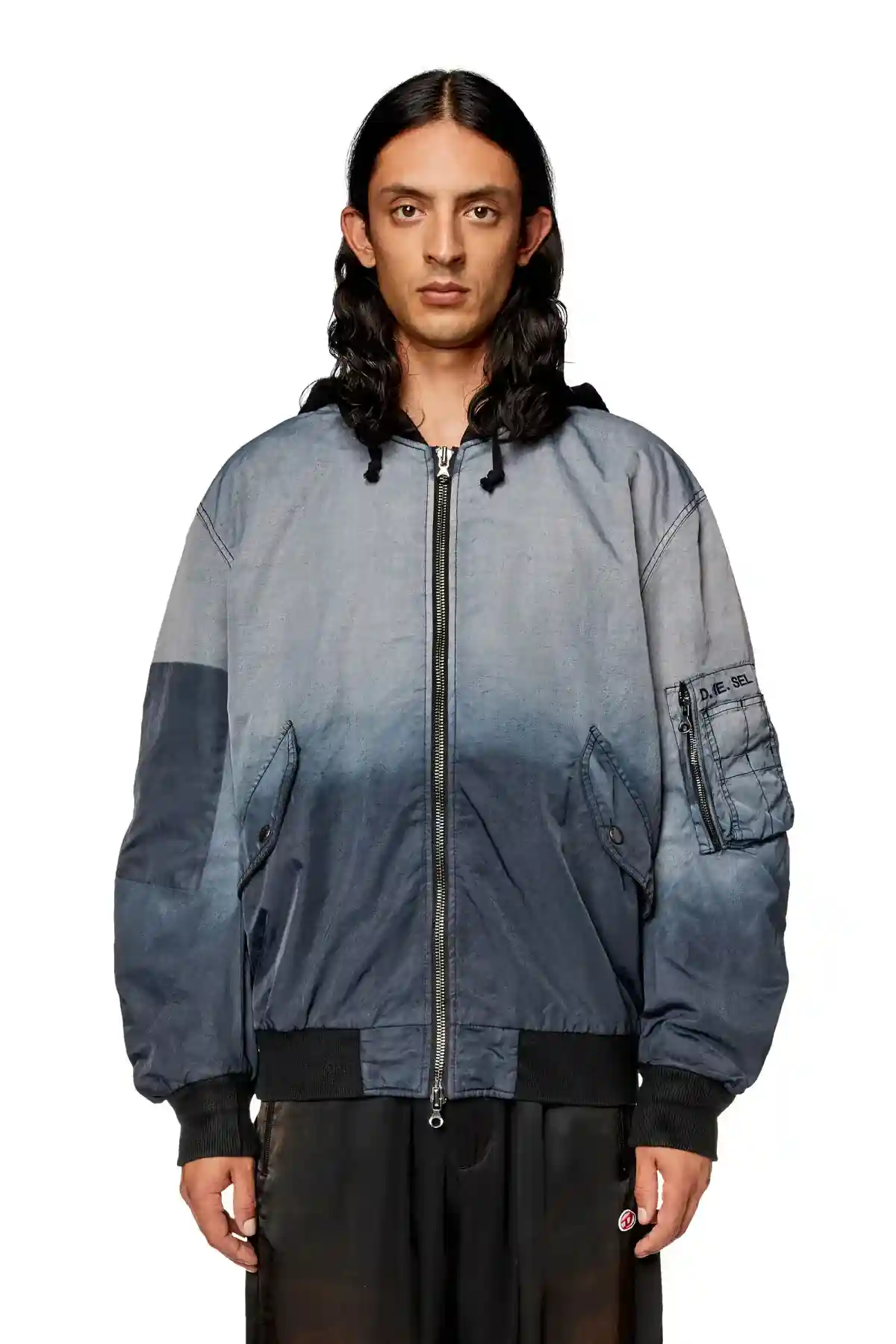 Blue Hooded bomber in treated nylon satin