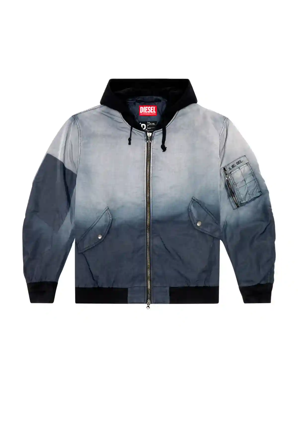 Blue Hooded bomber in treated nylon satin