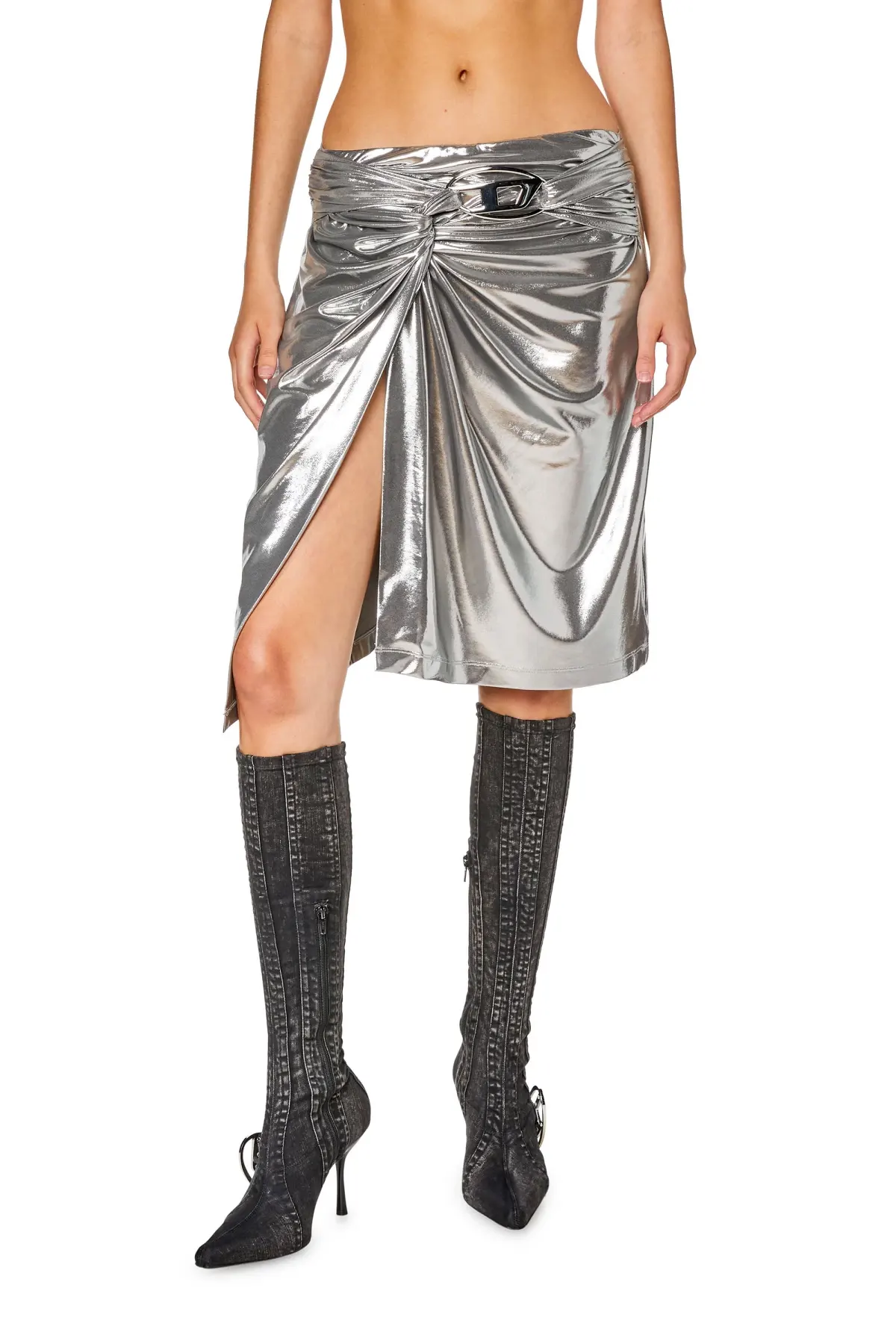 Silver Draped midi skirt with foil coating