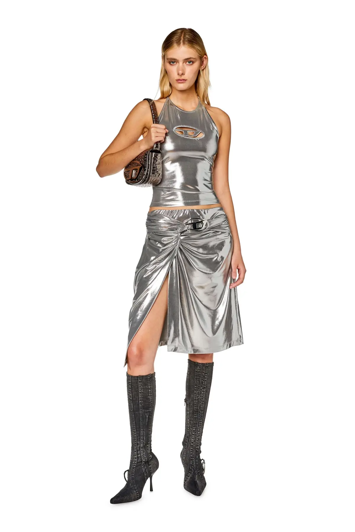 Silver Draped midi skirt with foil coating