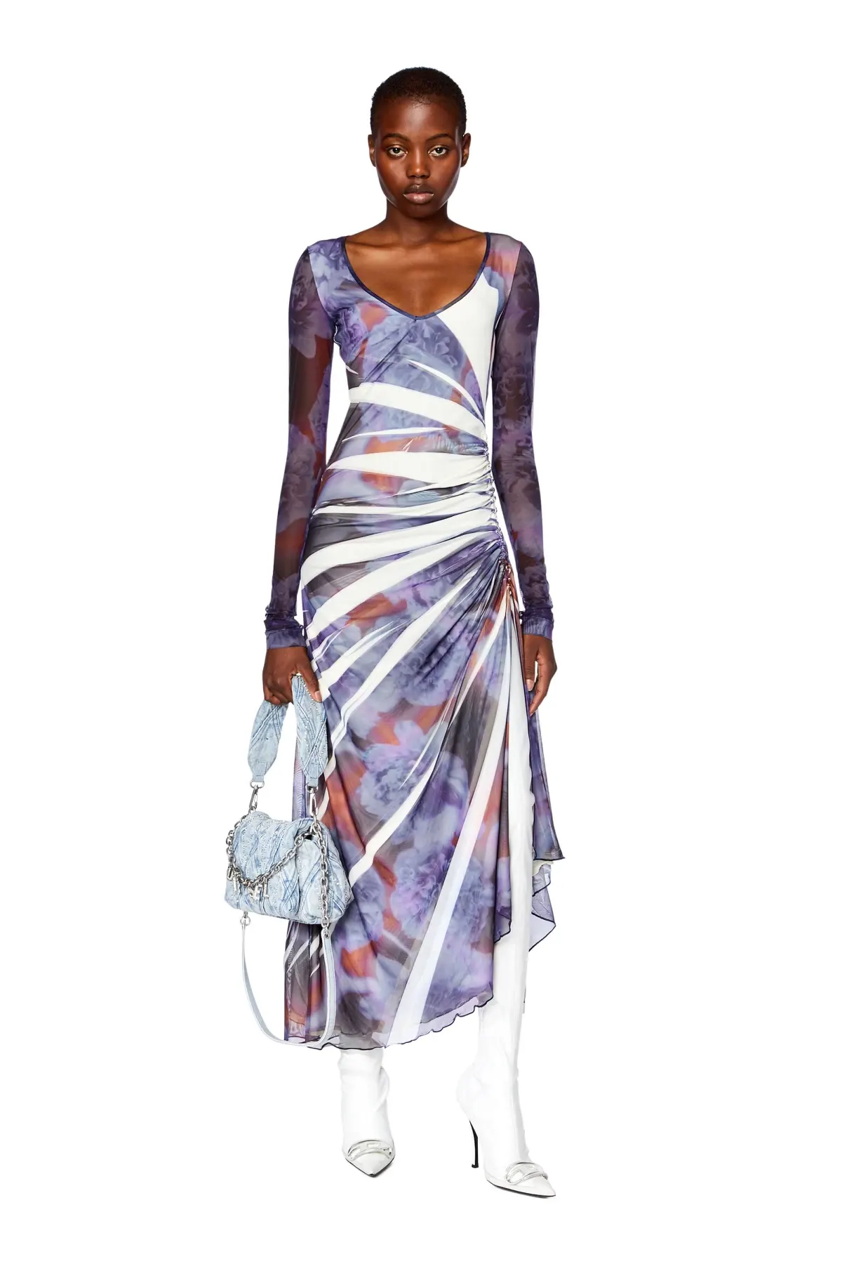 Blue Long dress in printed mesh