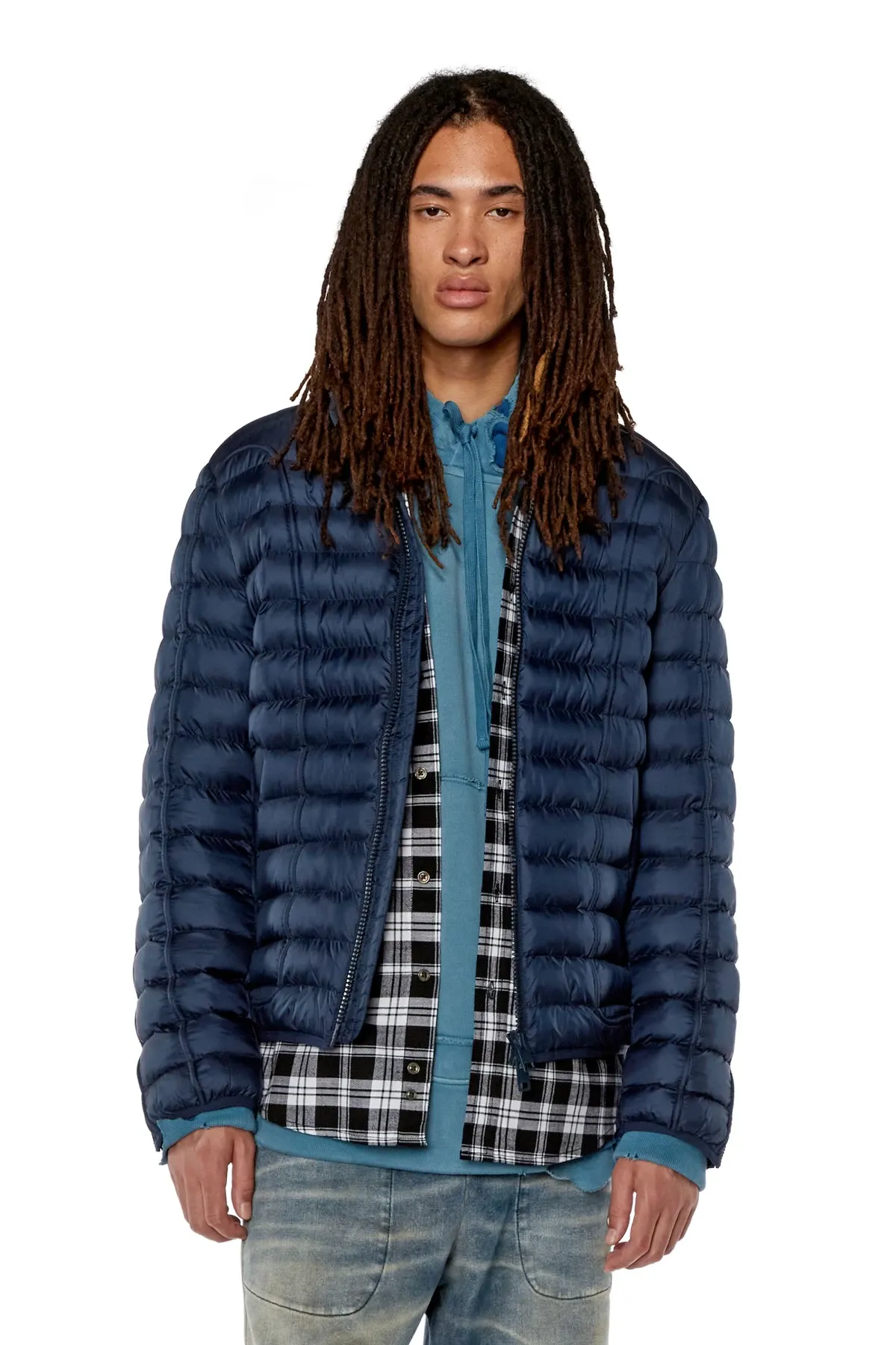 Blue Nylon puffer jacket with piping