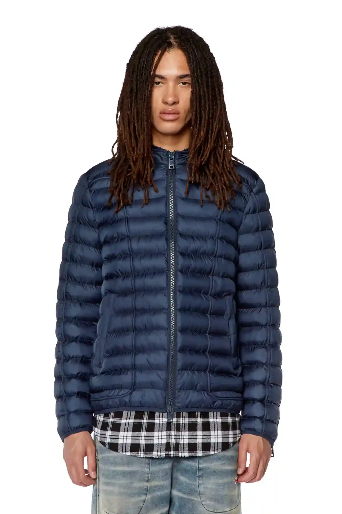 Blue Nylon puffer jacket with piping