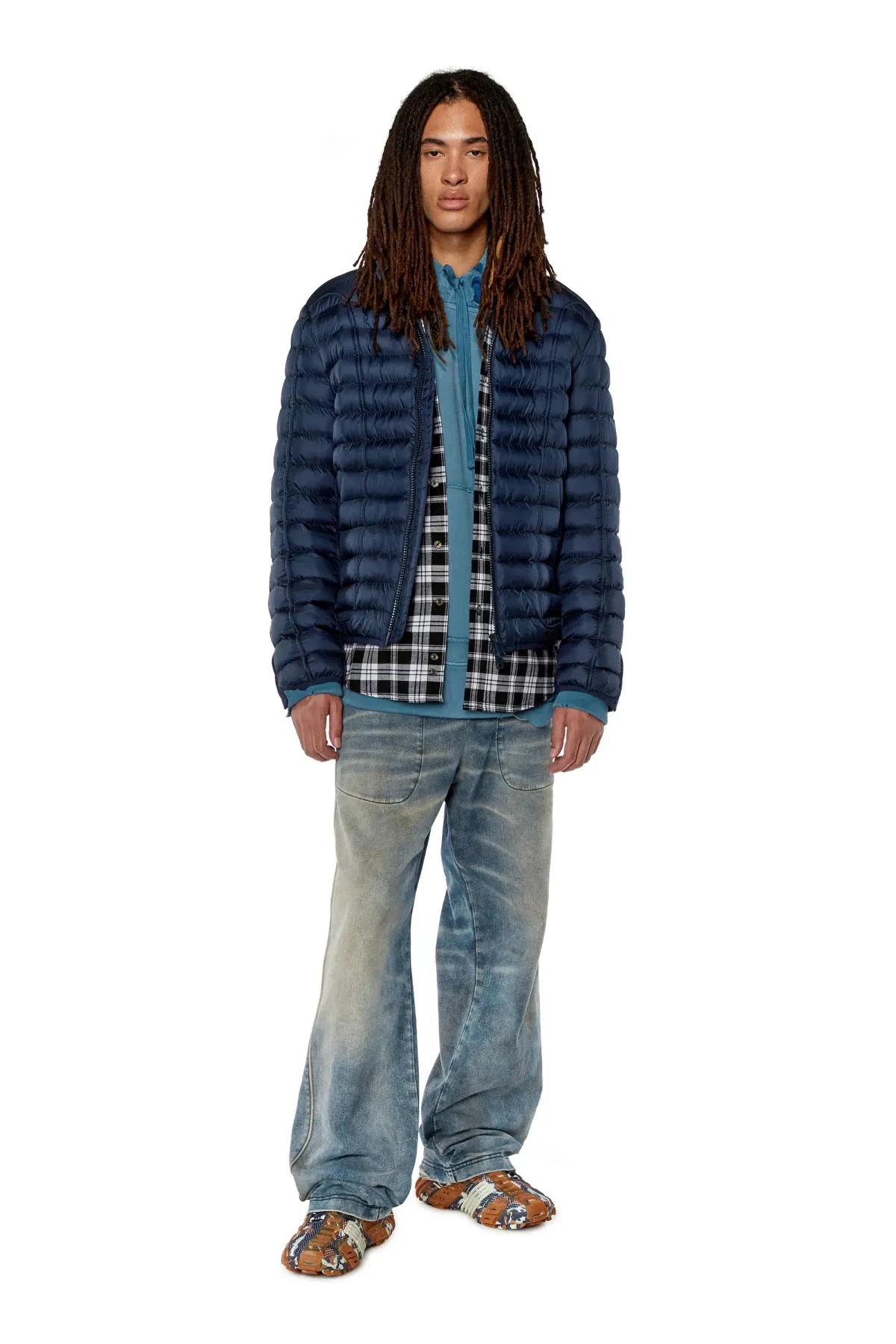 Blue Nylon puffer jacket with piping