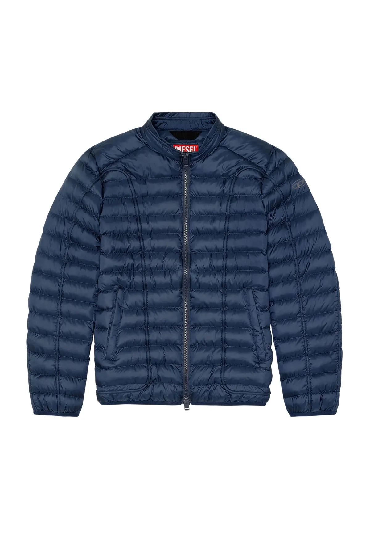 Blue Nylon puffer jacket with piping