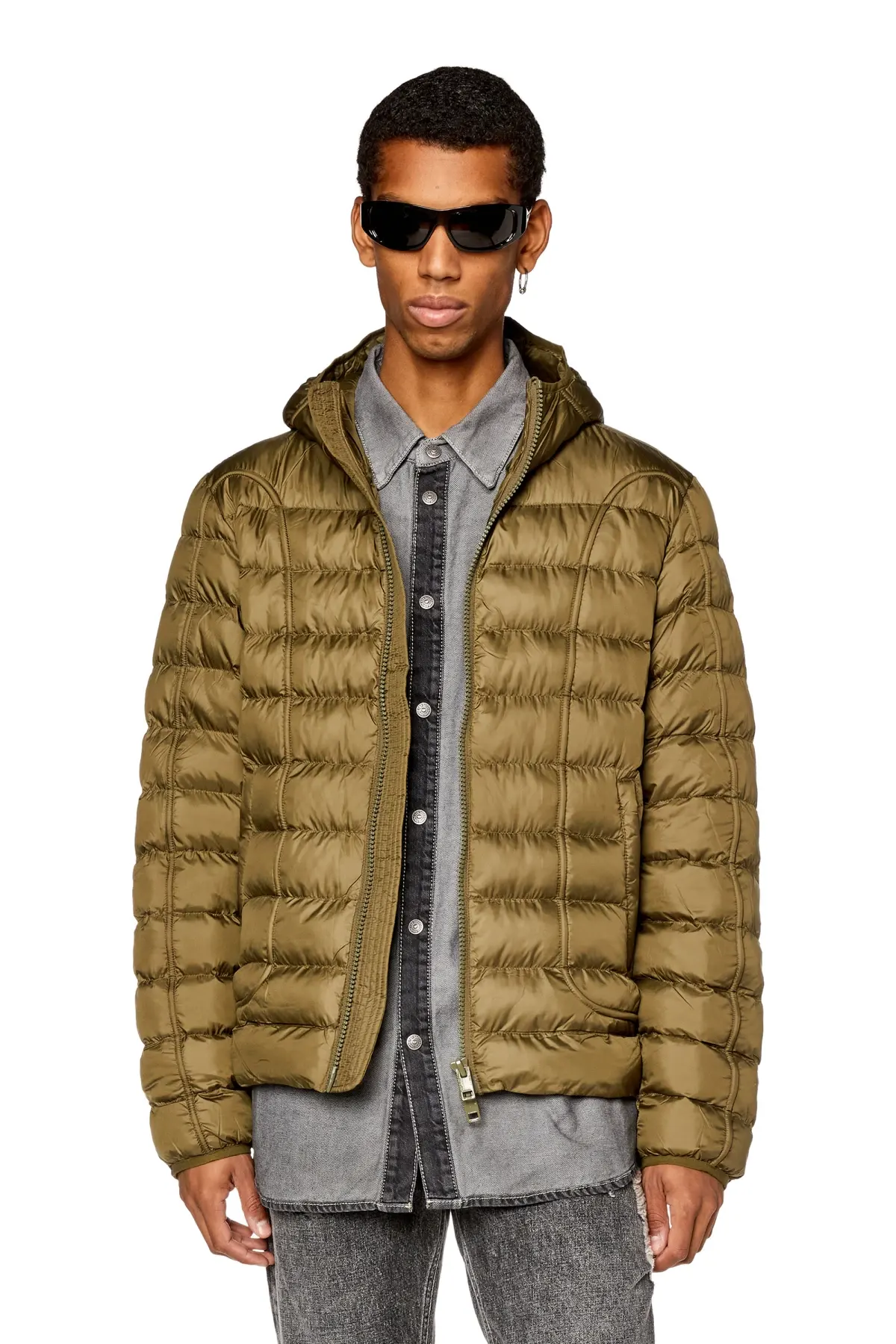 Green Hooded nylon puffer jacket with piping