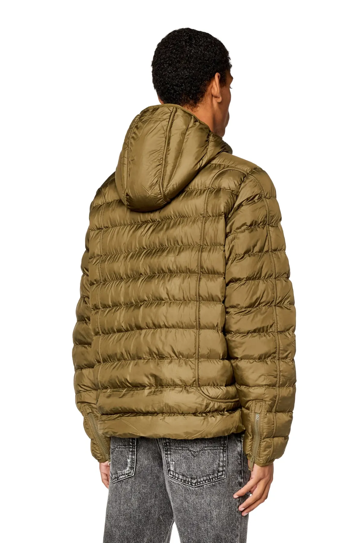 Green Hooded nylon puffer jacket with piping