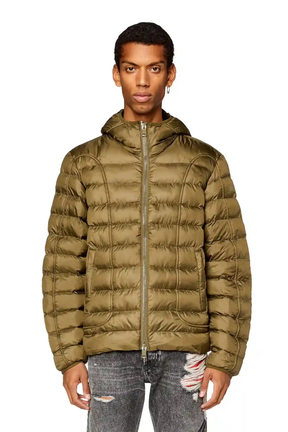 Green Hooded nylon puffer jacket with piping