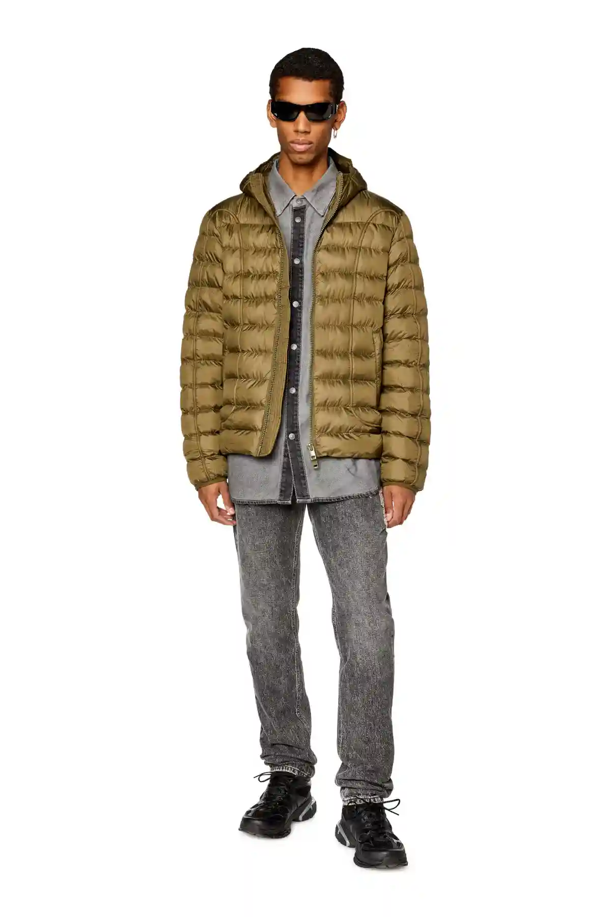 Green Hooded nylon puffer jacket with piping