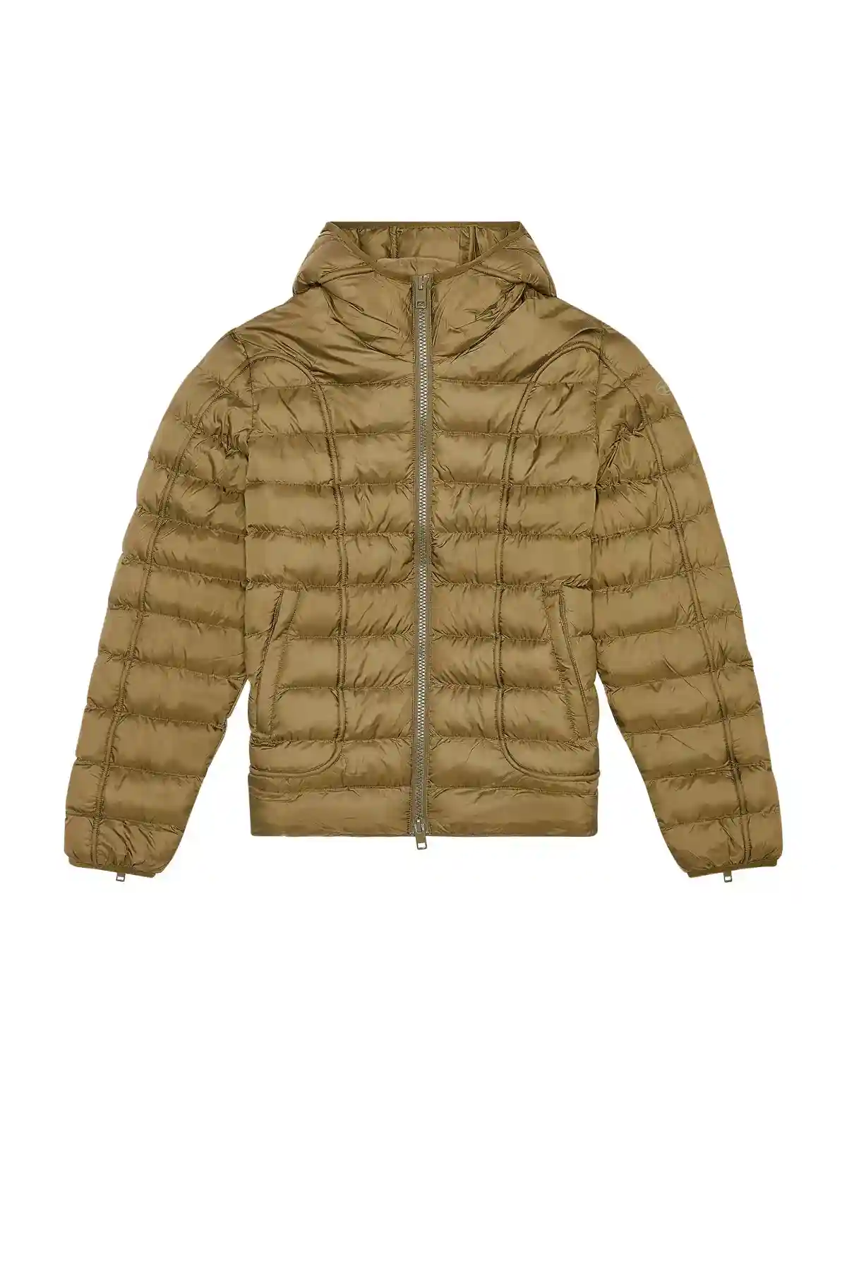 Green Hooded nylon puffer jacket with piping