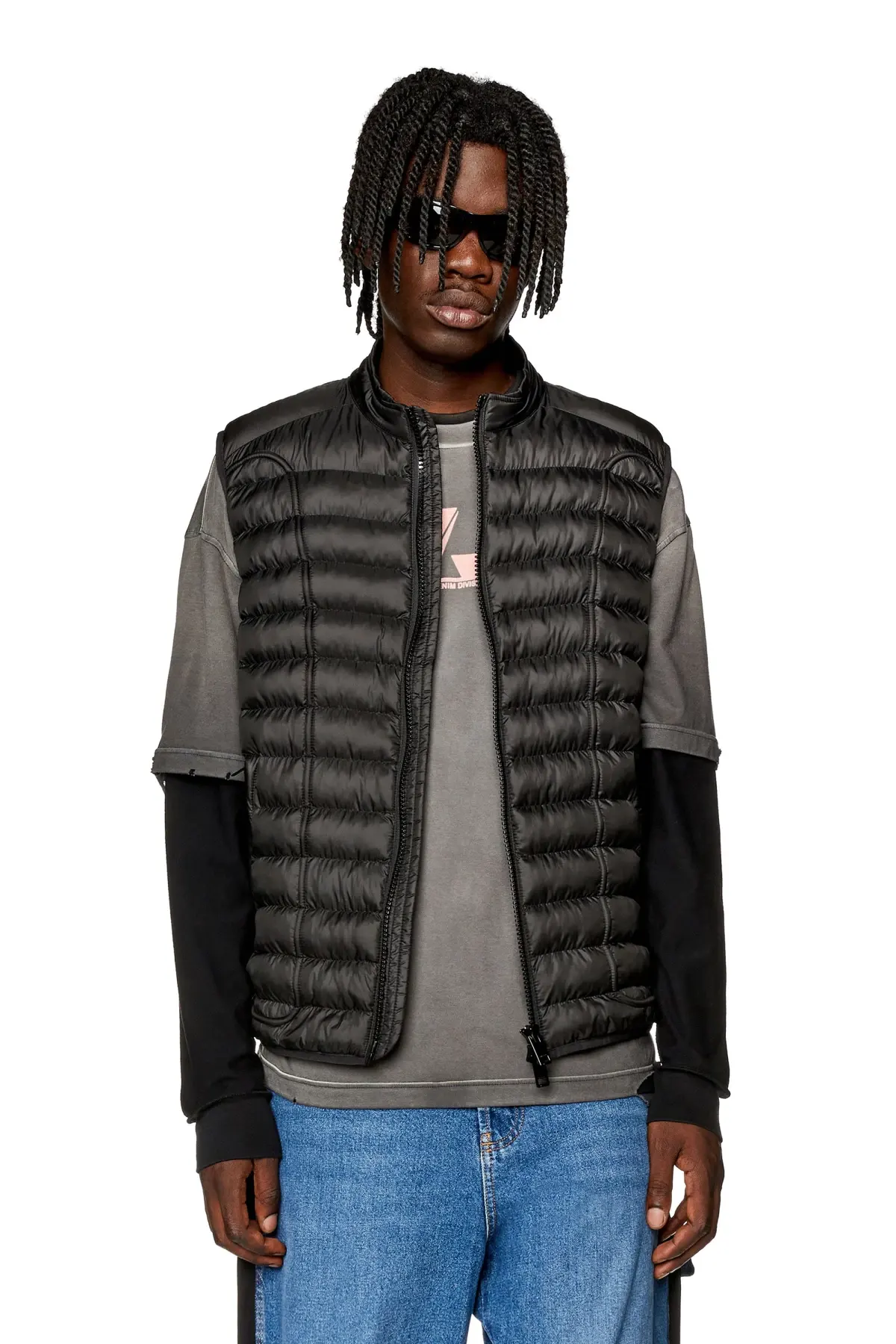 Black Padded nylon vest with piping