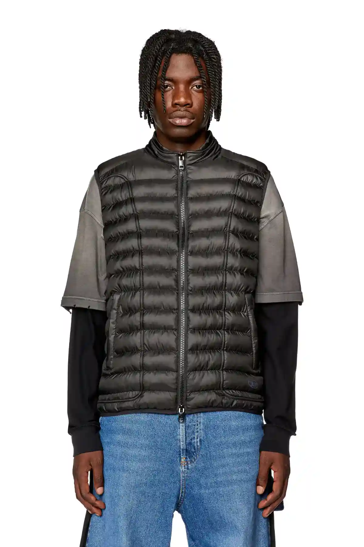 Black Padded nylon vest with piping