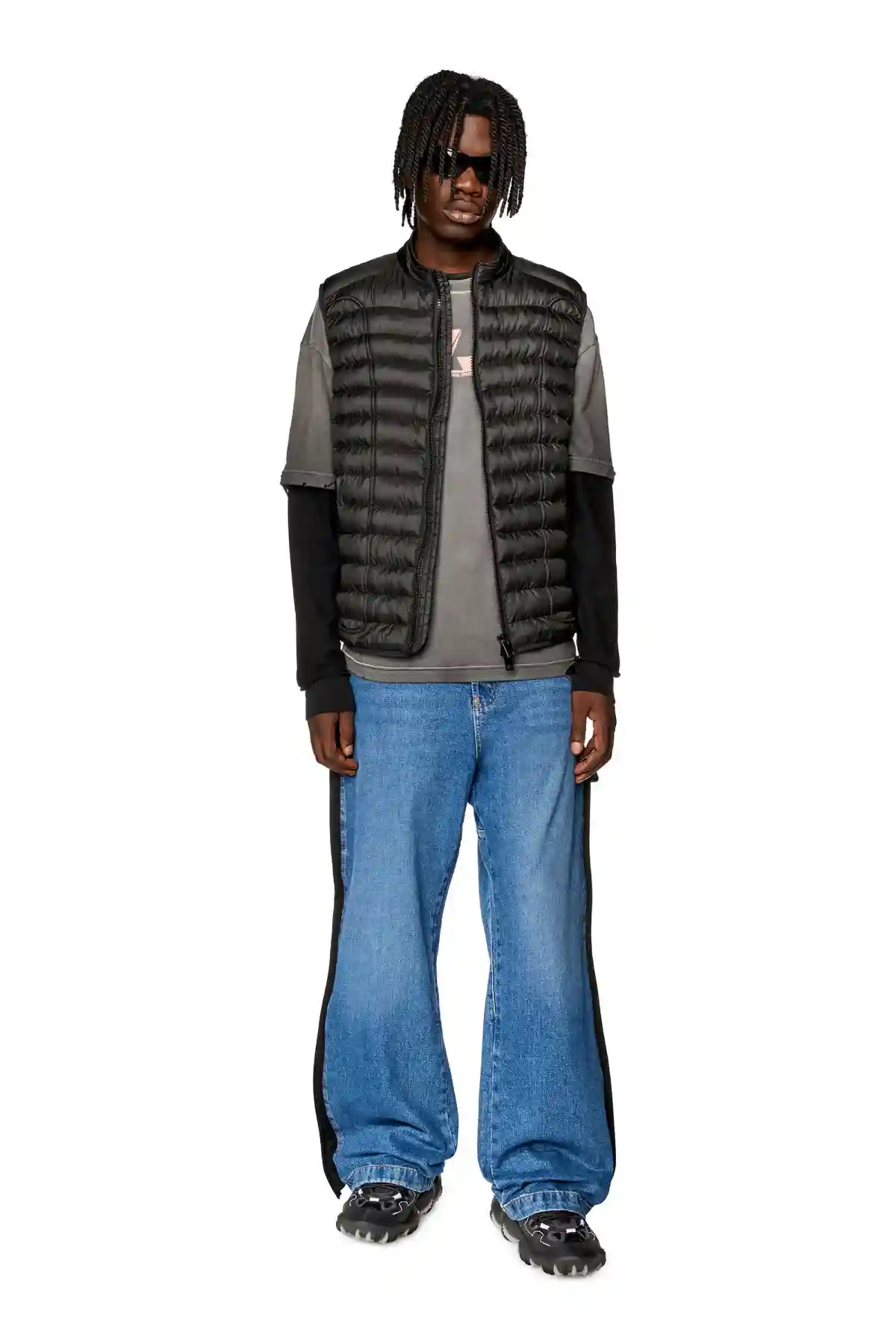 Black Padded nylon vest with piping