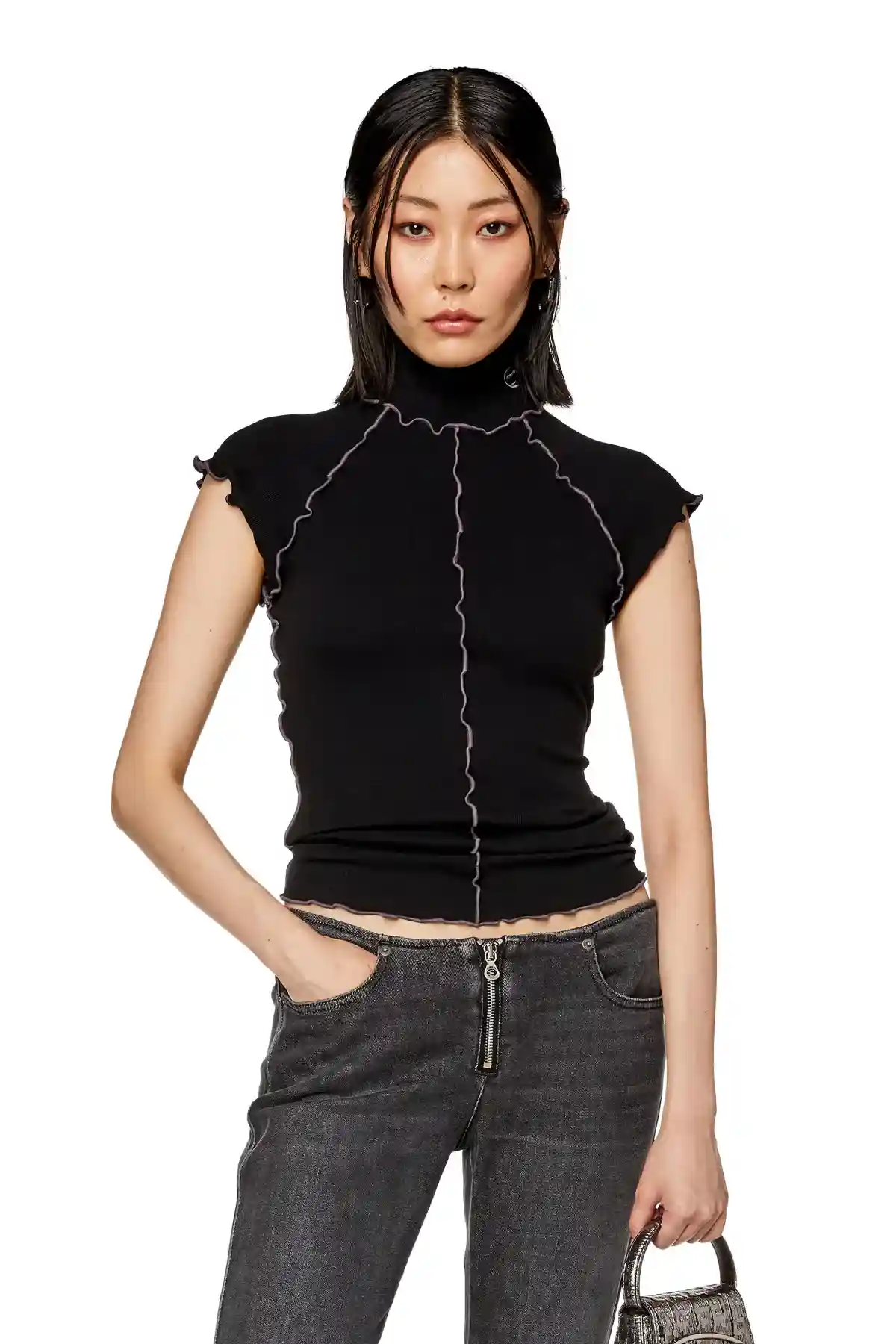 Black Ribbed top with curly seams