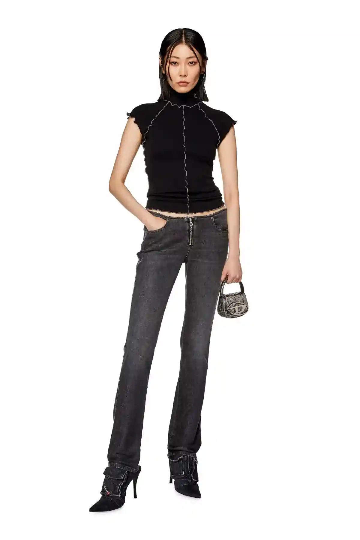 Black Ribbed top with curly seams