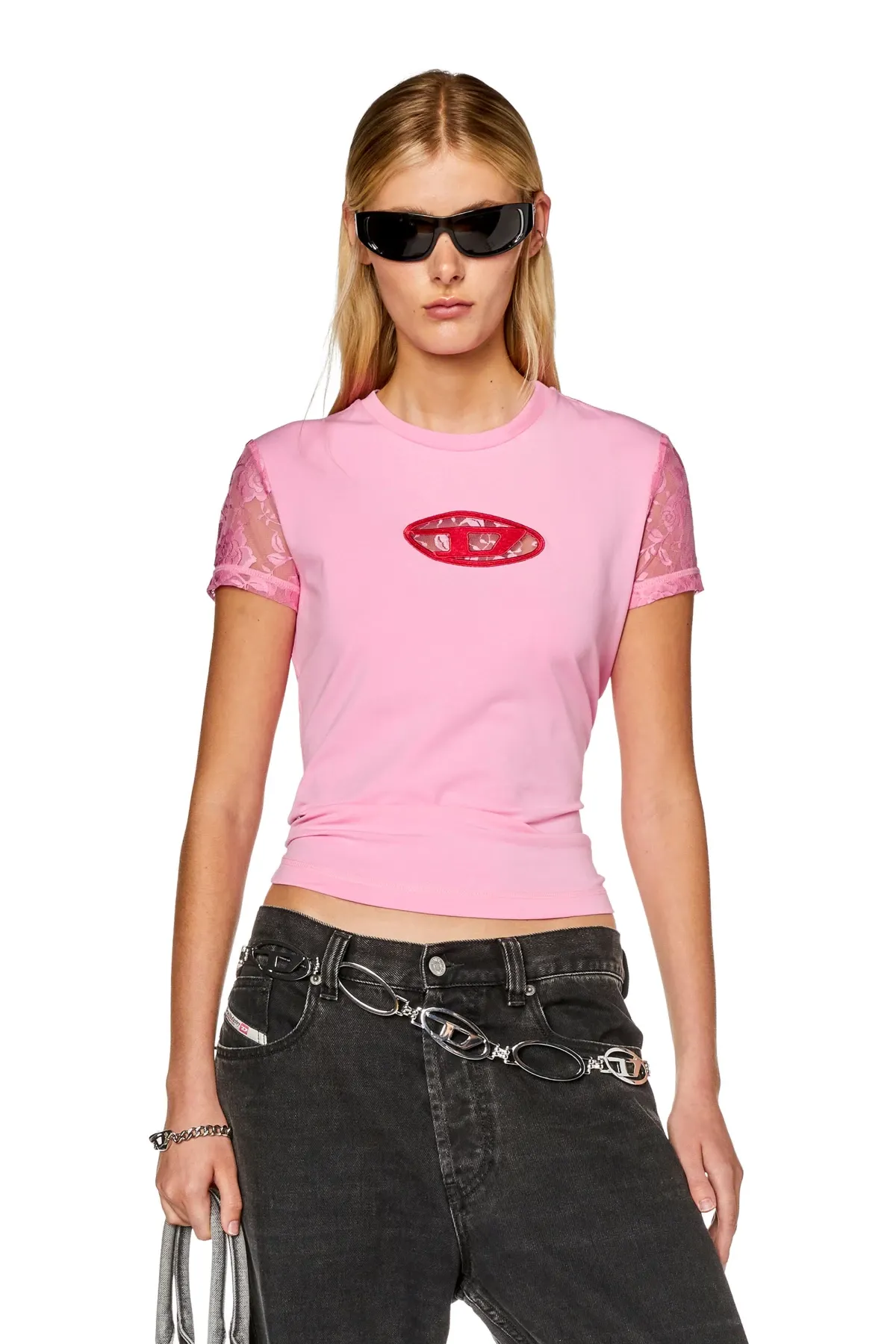 Pink T-shirt with tonal lace inserts