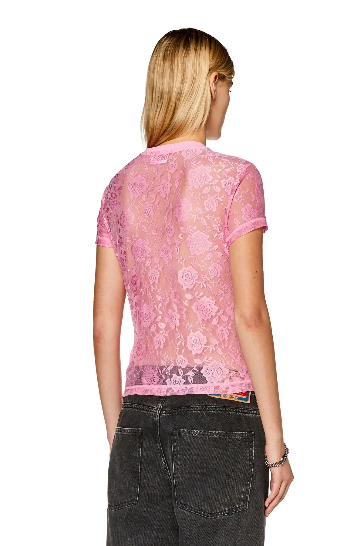 Pink T-shirt with tonal lace inserts